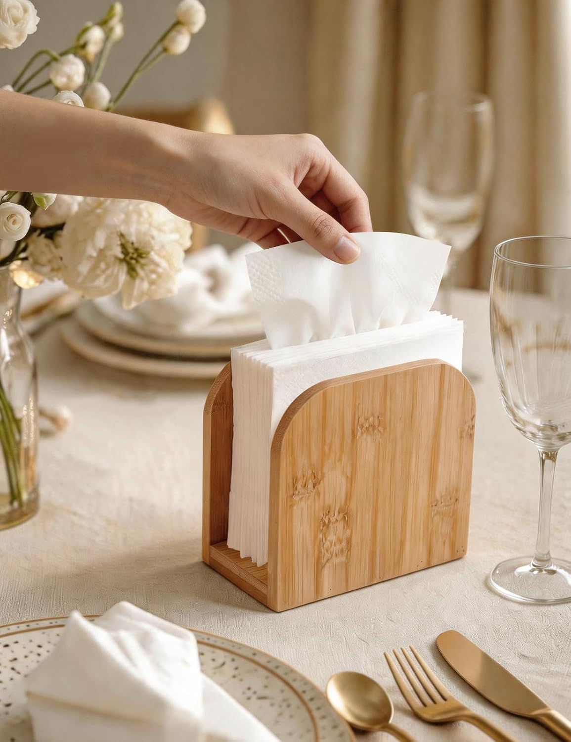 Napkin Holder for Table Stable Standing Napkin Dispenser Natural Bamboo