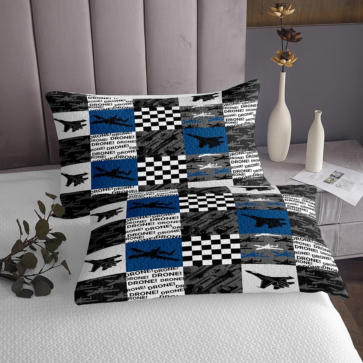 Castle Fairy Airplane Bedding Set Twin Size,Geometric Plaid Patchwork Bedspread 2Pcs,Military Theme Comforter Set for Kids Boys Girls Teens Room Decor,Black White Blue Quilt Coverlet,1 Pillowcase