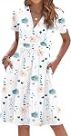 WNEEDU Robe d'été femme manches courtes Robes décontractées V Cou Robe de taille avec poches