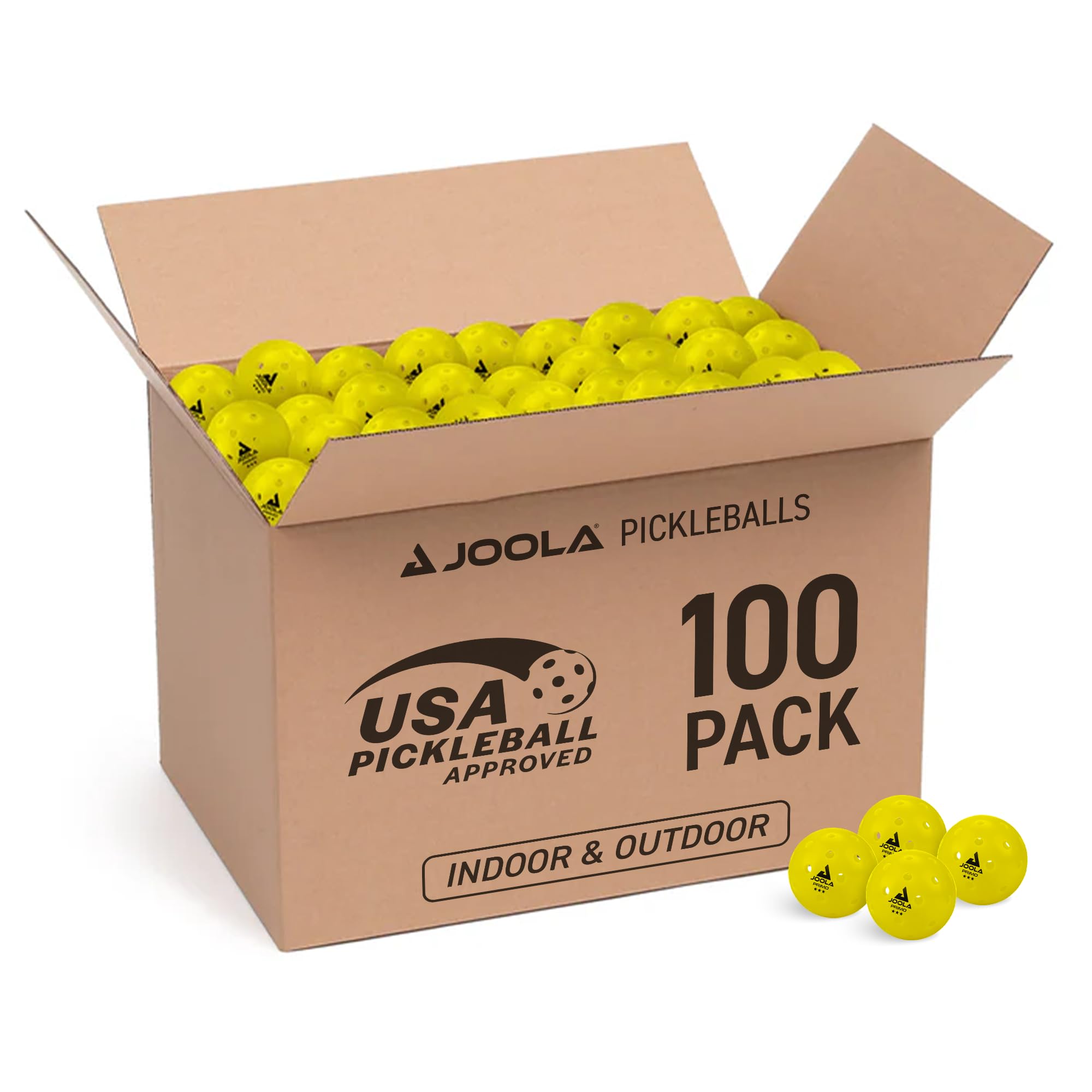 JOOLA Pickleball Primo Balls 3 Star Outdoor and Indoor Play Balls with USAPA Certification, 26 g, 74 mm Diameter, Yellow, Pack of 100