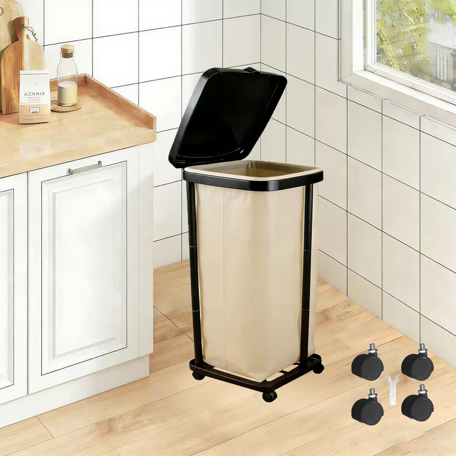 Collapsible13 Gallon Trash Bag Holder Height Adjustable (3 levels) Portable Trash Bag Holder with Lid, Stand with 4-Wheels Plastic Outdoor Trash Can Suitable Kitchen Garbage Can for Outside Indoor