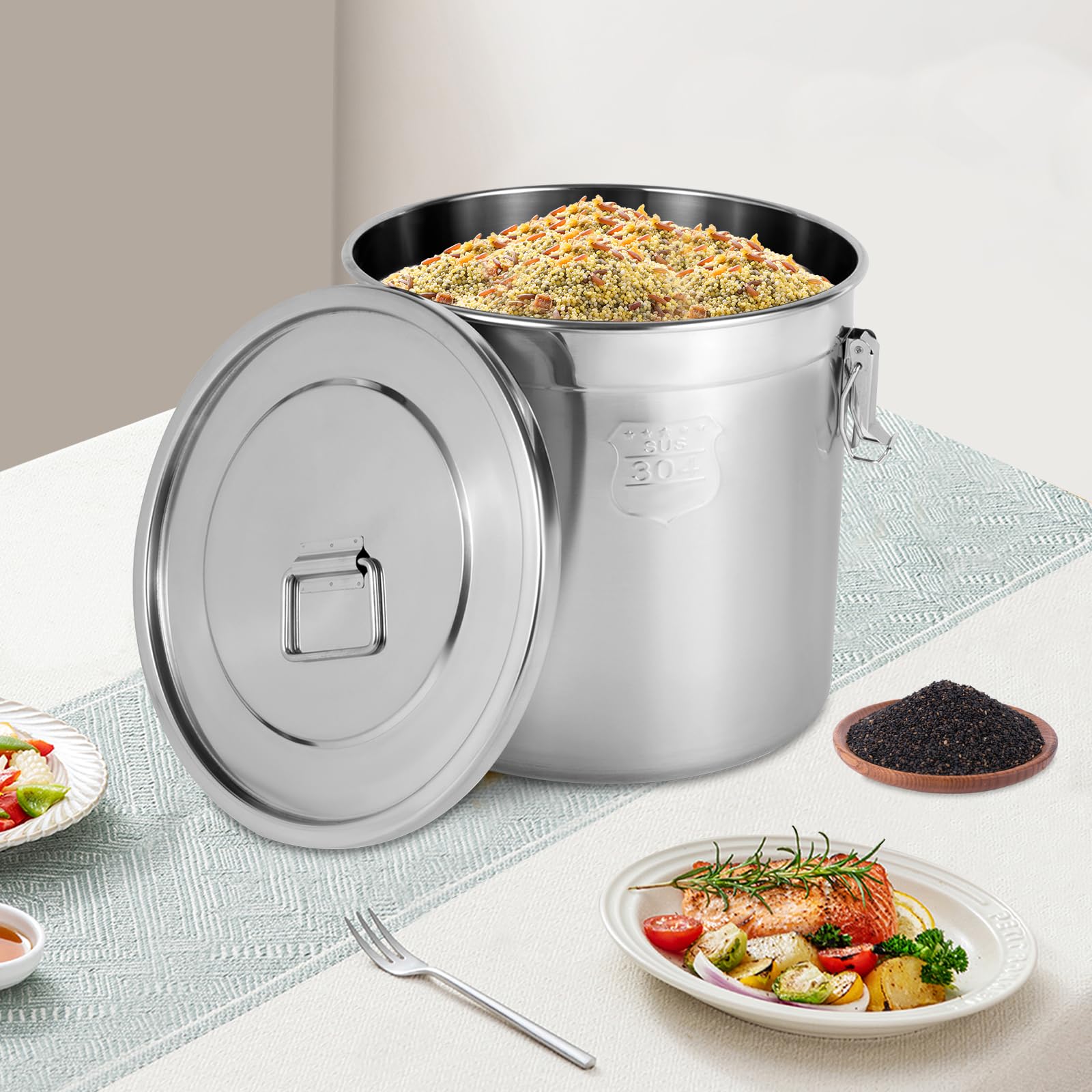 Tanica ermetica in acciaio inox da 21 l, con coperchio, 30 x 30 cm | Con 3 clip e guarnizione in silicone, superficie lucida, fondo piatto, per farina, cereali, tè e spezie