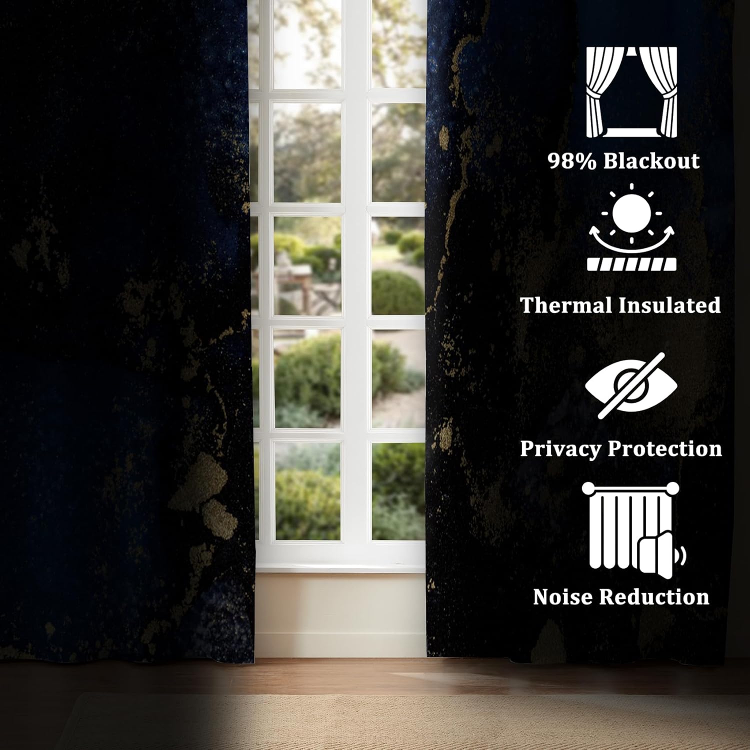 Renaiss 42 x 63 Inch Navy Blue Marble Blackout Curtains for Bedroom Luxury Marble Texture Gold Cracks Darkenig Curtains Drapes Grommets Modern Abstract Fashion Window Treatment 2 Panels