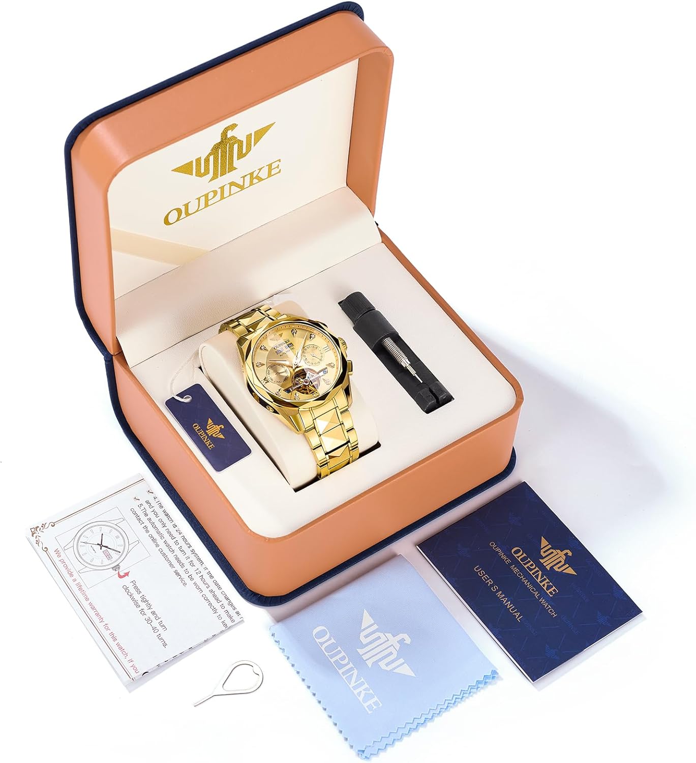 OUPINKE Men's Watches Automatic Skeleton Self-Winding Original Mechanical Gold Luxury Sapphire Crystal Dress Gifts Wrist Watches