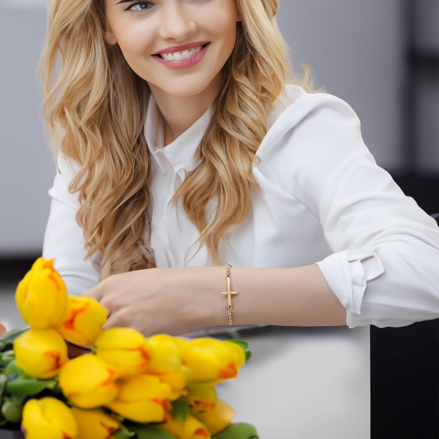 mnmoom Sideways Cross Bracelet for Women, 14K Gold Plated Adjustable Rolo Chain, Religious Faith Jewelry Gift for Baptism Confirmation - Image 4