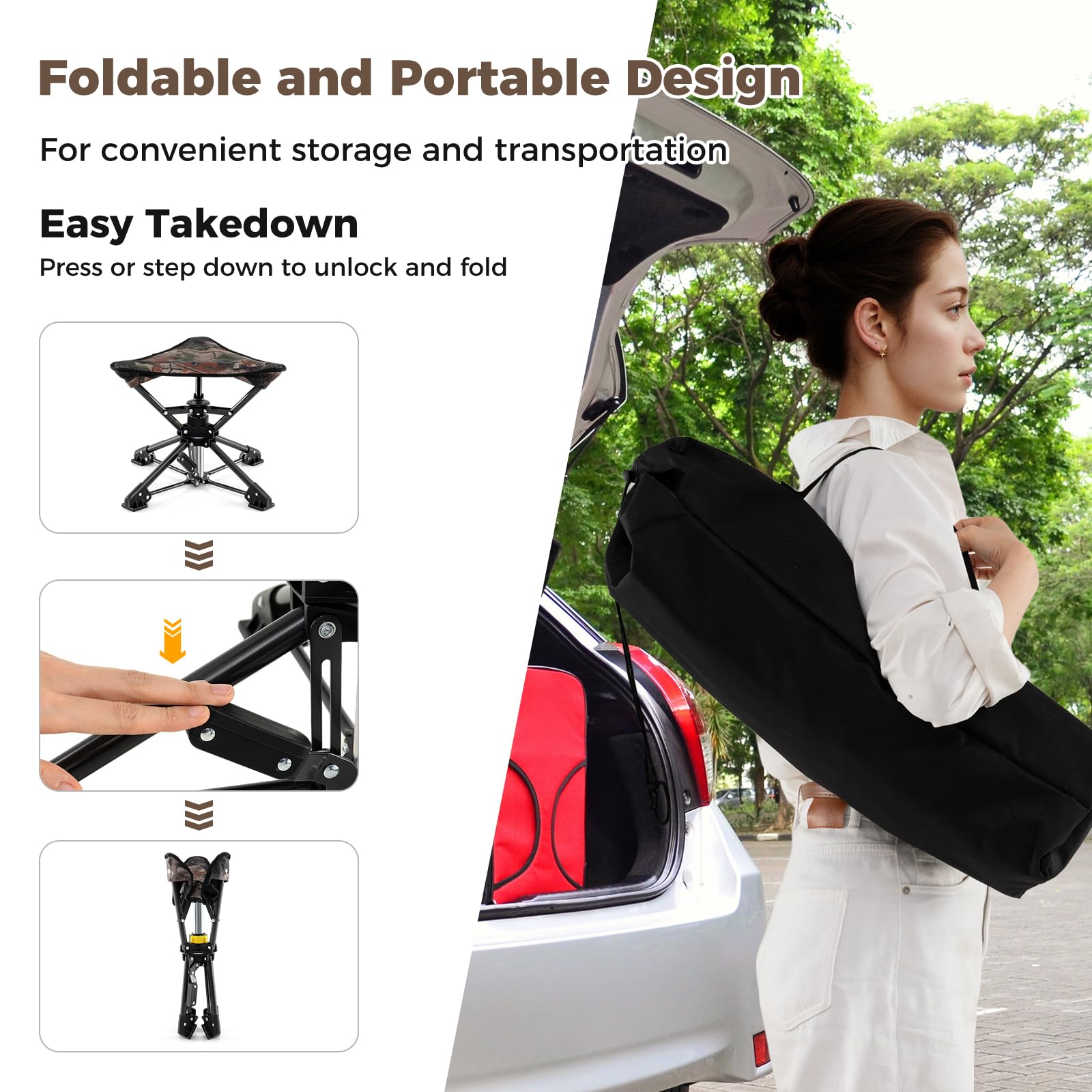 KOMFOTTEU Sgabello pieghevole da campeggio, sedia portatile da caccia con borsa da trasporto, sedile da pesca treppiede con base antiscivolo e carico 150 kg, per picnic, 43 x 39 x 37 cm (mimetico)