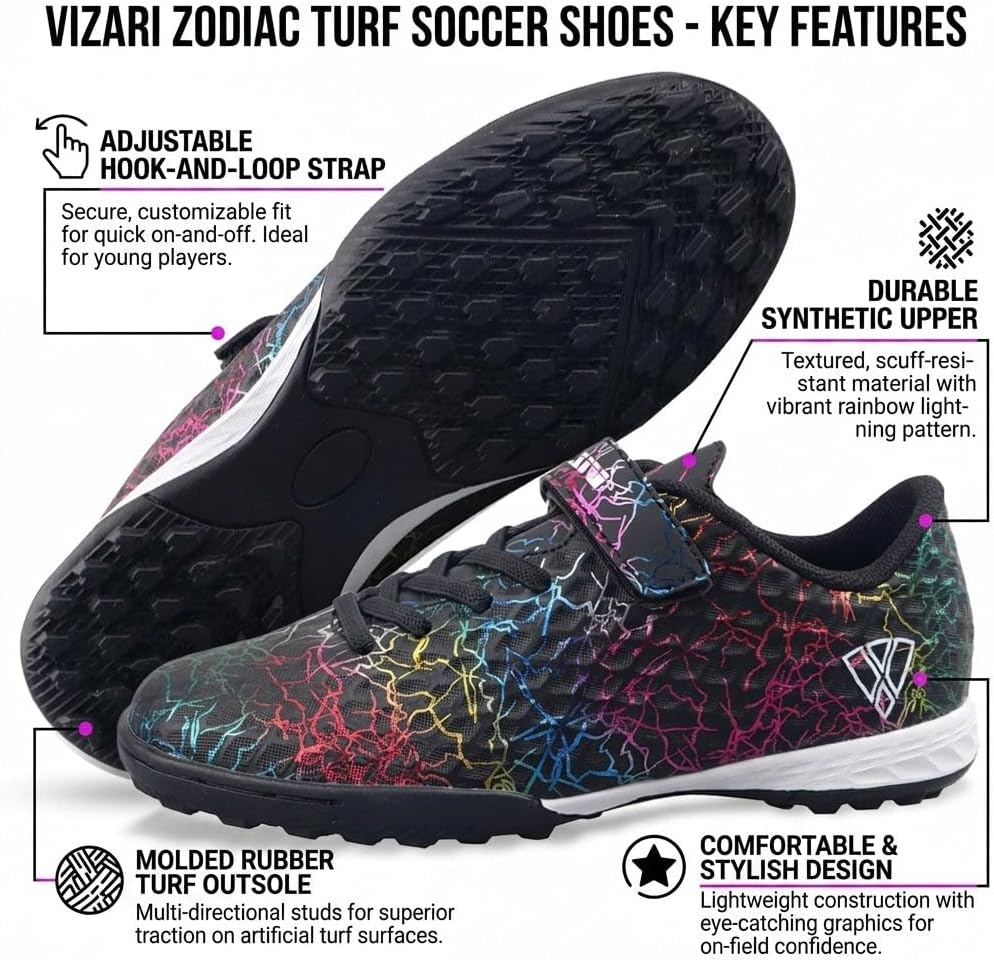 Vizari Zodiac Turf Hook Loop Soccer Shoes for Boys and Girls | Youth Football Shoes with Molded Rubber Outsole for Artificial Turf | Durable & Comfortable Fit for Outdoor Soccer Play