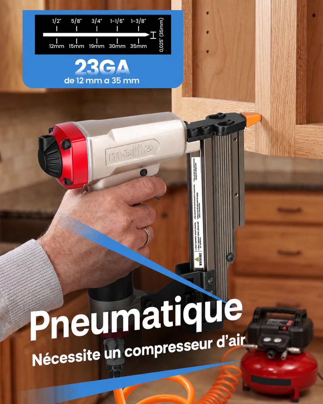 meite MP635B Cloueuse avec 10 000 clous (25 mm), cloueuse pneumatique de calibre 23, pistolet à ongles pneumatique, convient aux clous de calibre 23 de 12 mm à 35 mm, idéal pour les panneaux, petite