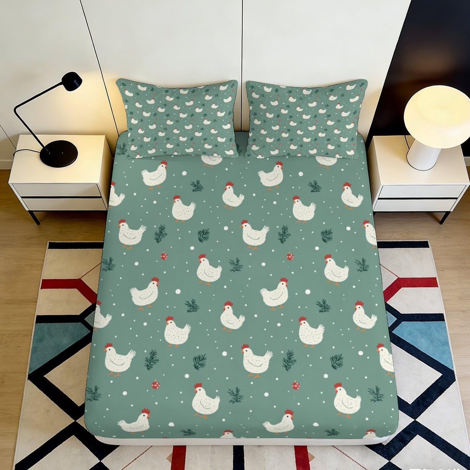 Pnayamiorkfel Style-9 3D Printed Chicken Pattern Fitted Sheet Microfiber Soft Green Hen Bed Cover Non-Slip Bedroom Decor Easy Care 90X200x25cm