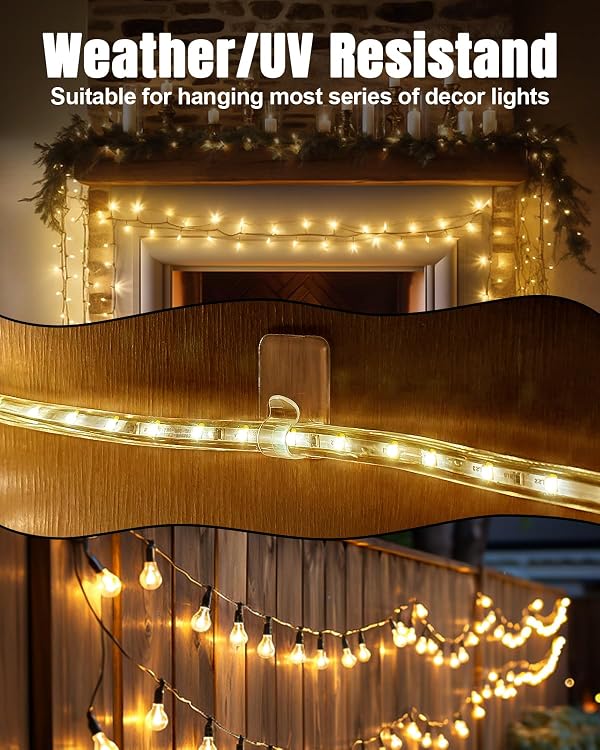 LZC Hooks for Outdoor String Lights Clips: 20 Pack Large Clear Rectangle Outdoor Light Clips Waterproof Adhesive Strips - Heavy Duty Outside Hanging Cable Rope Light Holders Organizer by LZC - Image 6