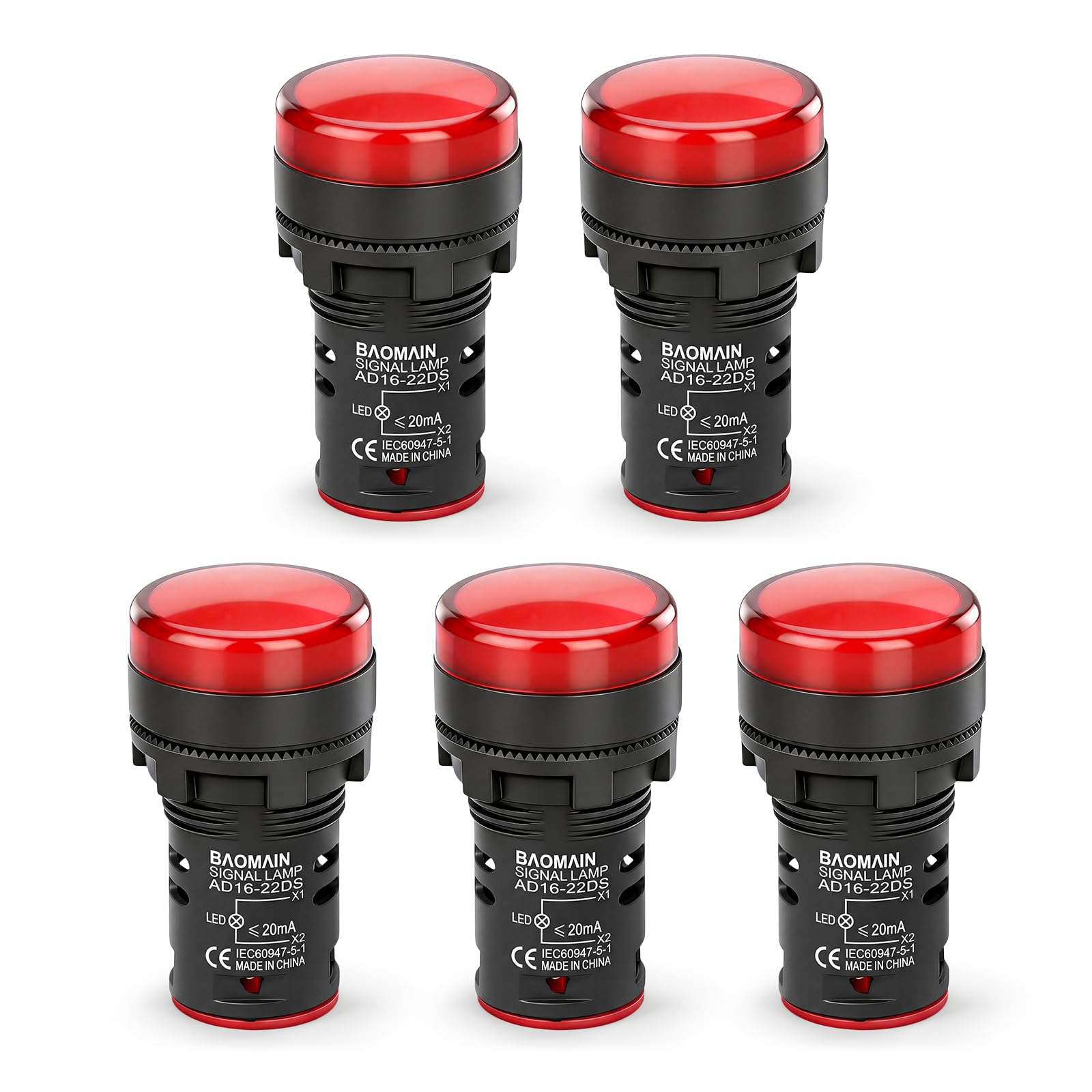 BAOMAIN 110V 22mm LED Industrial Indicator Pilot Light Red 5-Pack