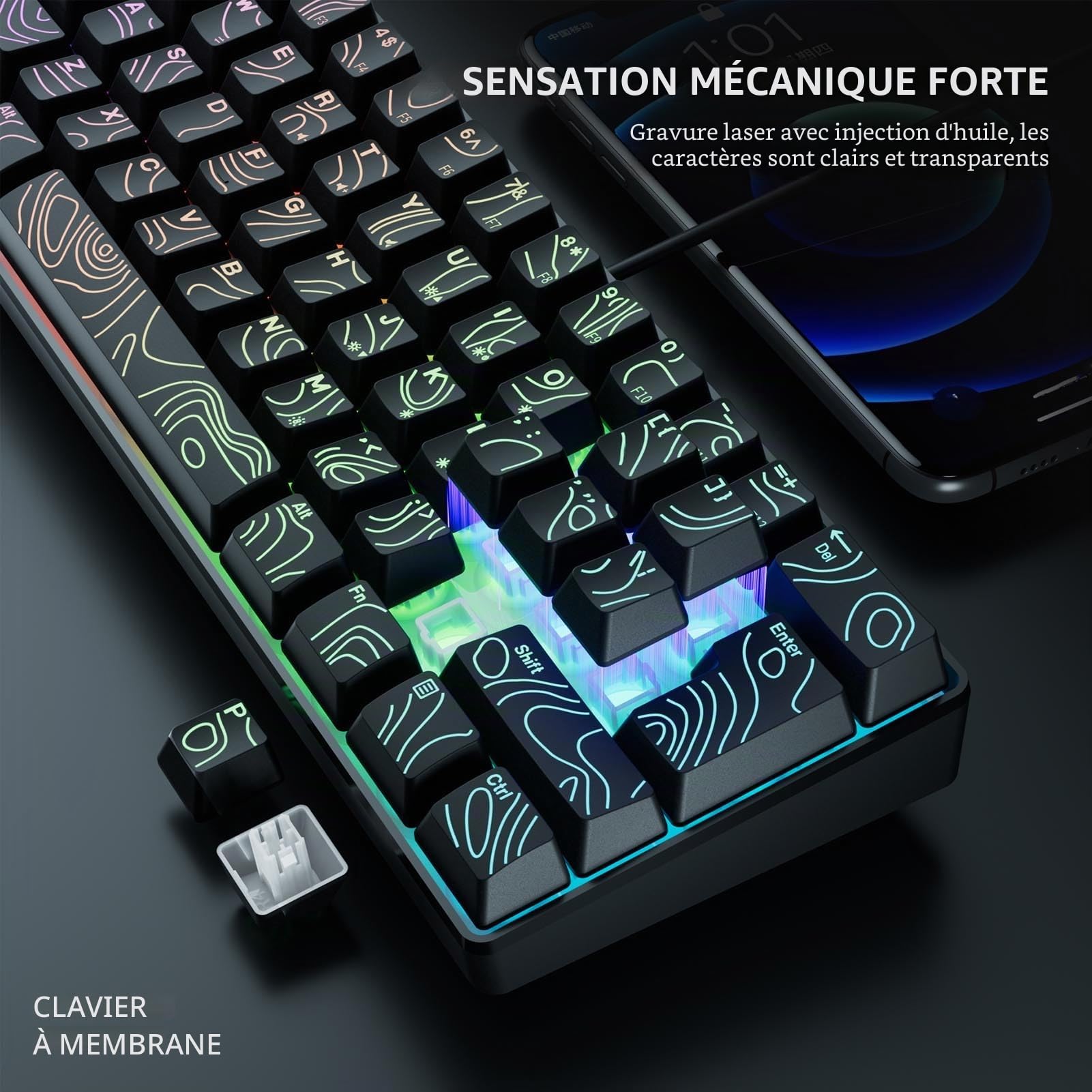 Clavier USB câblé, Rétro-éclairément RV, Mise en Page Compacte 61 de la Touche, N Key Rollover Contour Keycaps, Light Up Computer Keyboard pour Le Jeu de Bureau