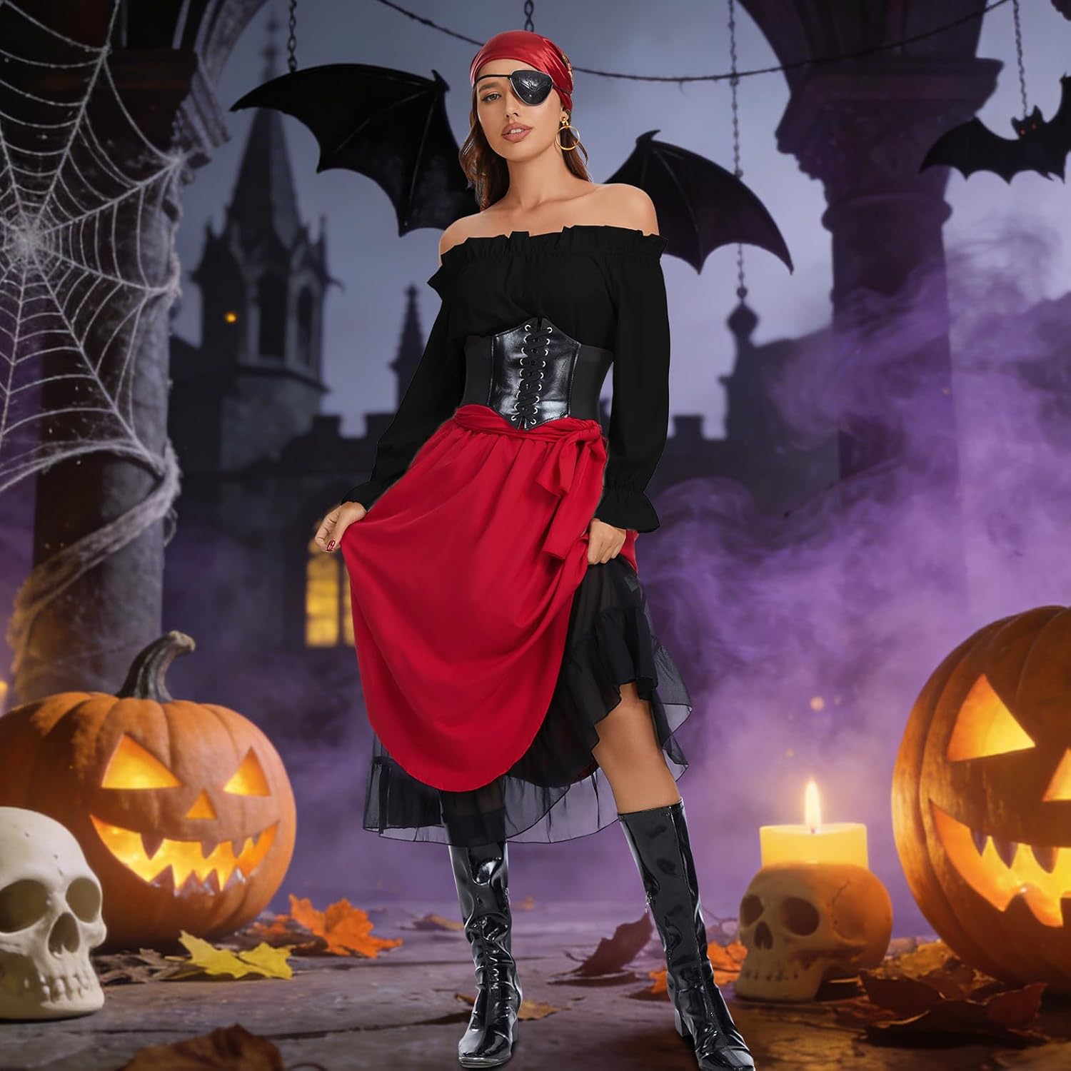 7Pcs Womens Pirate Costume with Accessories Renaissance Blouse Tops Skirt Medieval Belt Headscarf Full Outfit