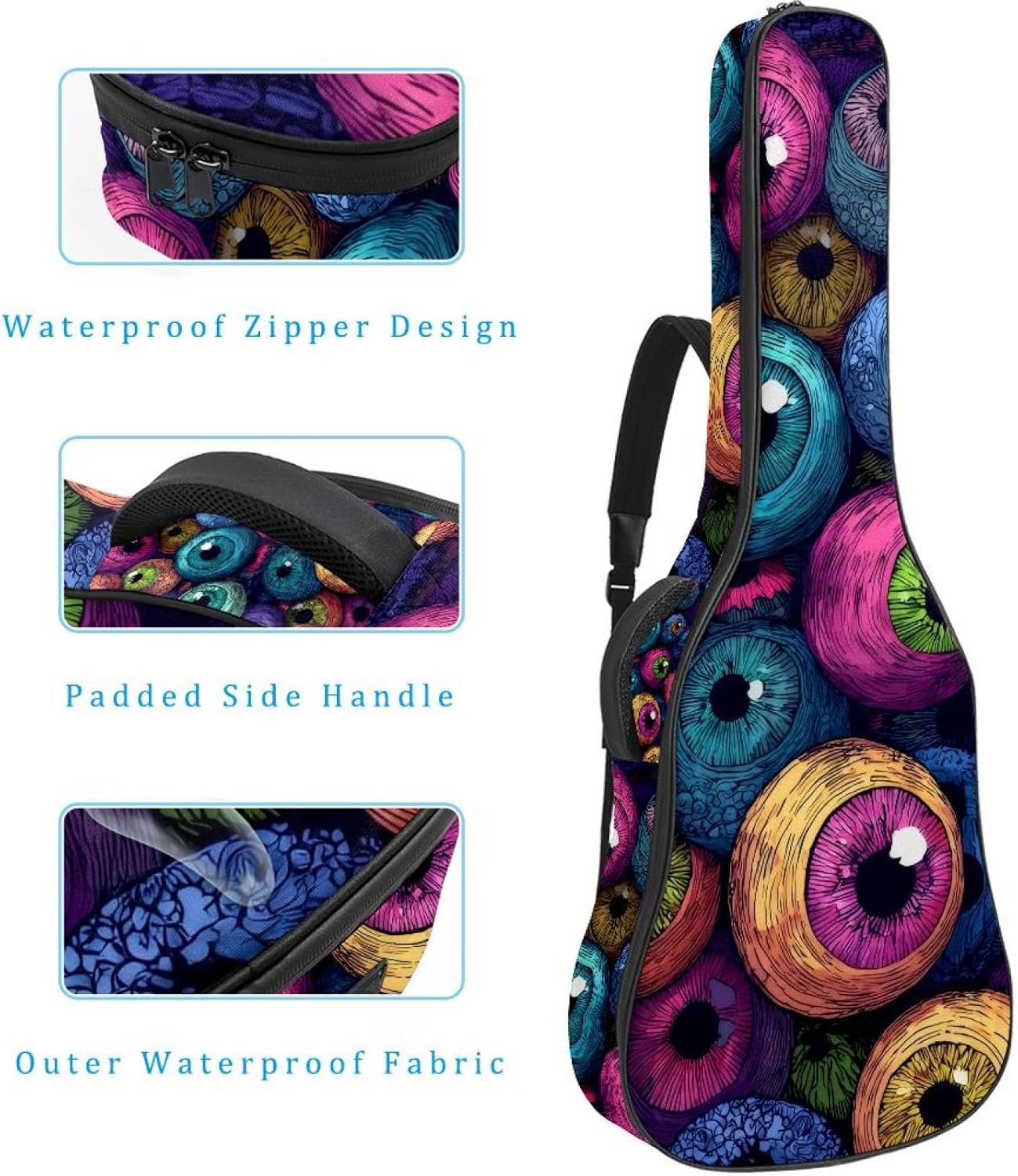 Acoustic Guitar Gig Bag 10mm Thick Padding, Soft Waterproof Guitar Case with Adjustable Backpack Straps for 40-42 Inch Guitar, Colorful Halloween Eyeballs Seamless Pattern