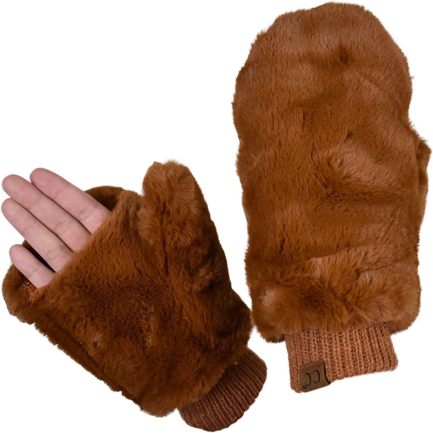 C.C Women's Faux Fur Wrist Length Fingerless Sherpa Lined Convertible Mittens Gloves - Image 2