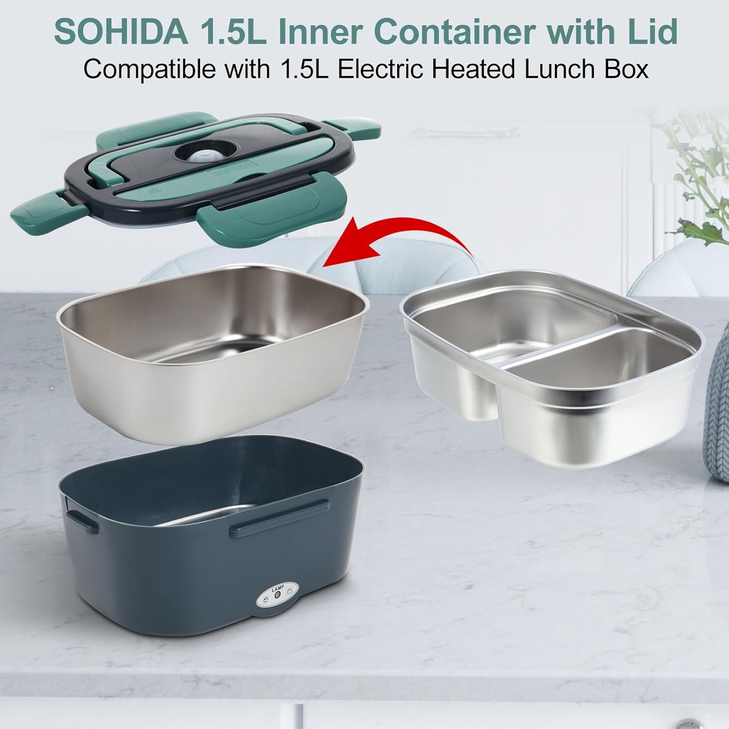 1.5L Stainless Steel Inner Container with Lid – Dual Compartment, Removable, Dishwasher Safe, Compatible with 1.5L Electric Heated Lunch Box, Easy to Clean - Image 2