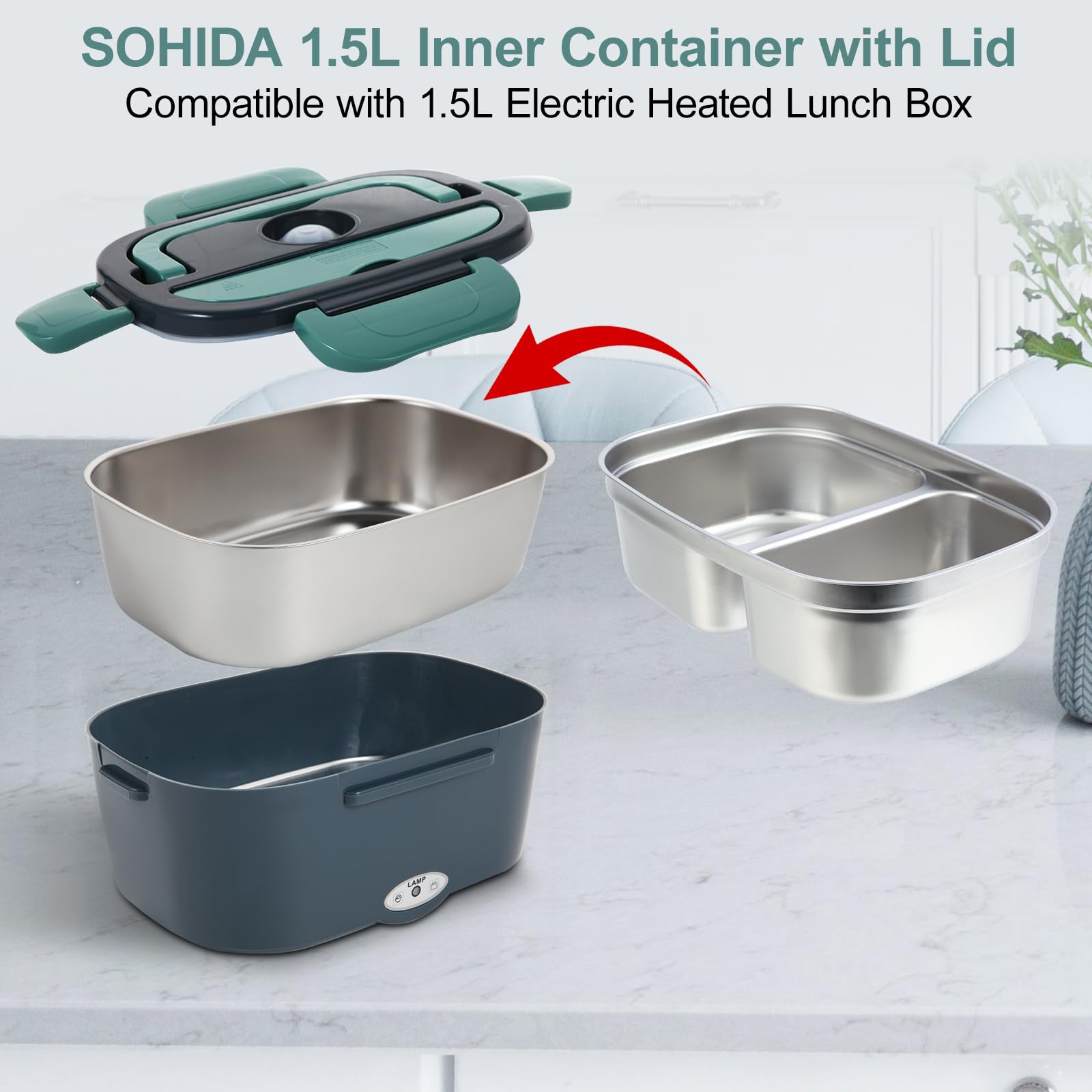 SOHIDA Contenedor interior de acero inoxidable de 1,5 L con tapa, doble compartimento, extraíble, apto para lavavajillas, compatible con lonchera eléctrica de 1,5 L, fácil de limpiar
