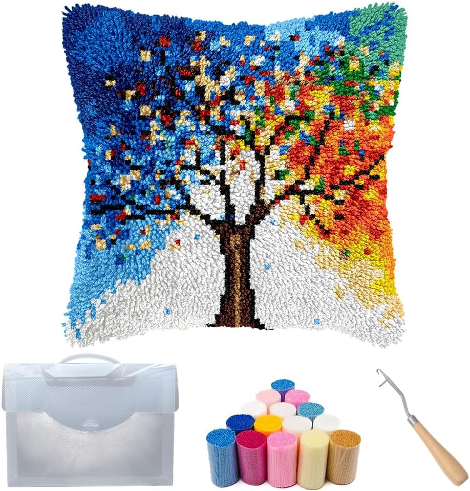 Cozykeke Tree Latch Hook Kit for Adults Beginners,DIY Latch Hook Pillow Kit Cover Cushion Craft Kits with Pre-Printed Canvas, Suitable for Home Decor and Festival Gift 17 * 17in (BZ4591)