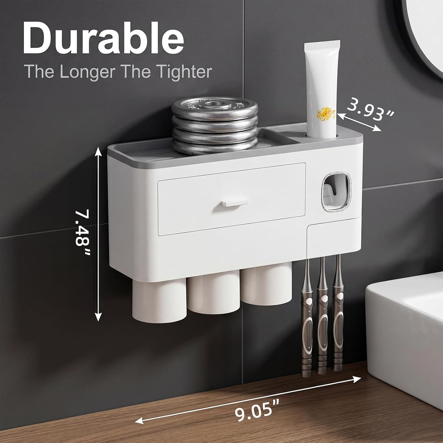 Toothbrush Holders Bathroom Accessories with Toothpaste Dispenser, 3 Cups Toothbrush Holder Wall Mounted Bathroom Decor