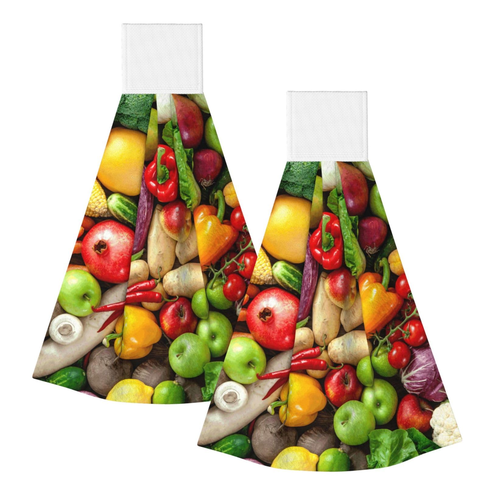 DOPKLNA Fresh Fruits And Vegetables, 2 Pcs Hanging Coral Fiber Hand Towels for Bathroom, Absorbent Kitchen Towels