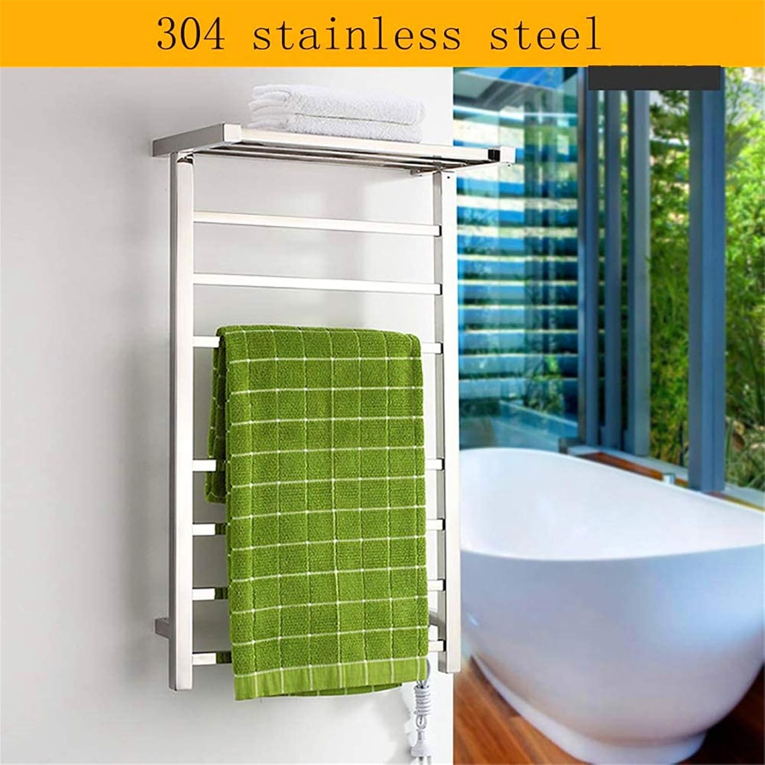 Bathroom Wall Heater Stainless Steel Towel Warmer Rack WallMounted Electric Towel Heater with Storage Shelf Heated Towel Rack with 10 Square Bars 80W 36"×20"×1-2" Plugin (Plugi (Hardwiring)