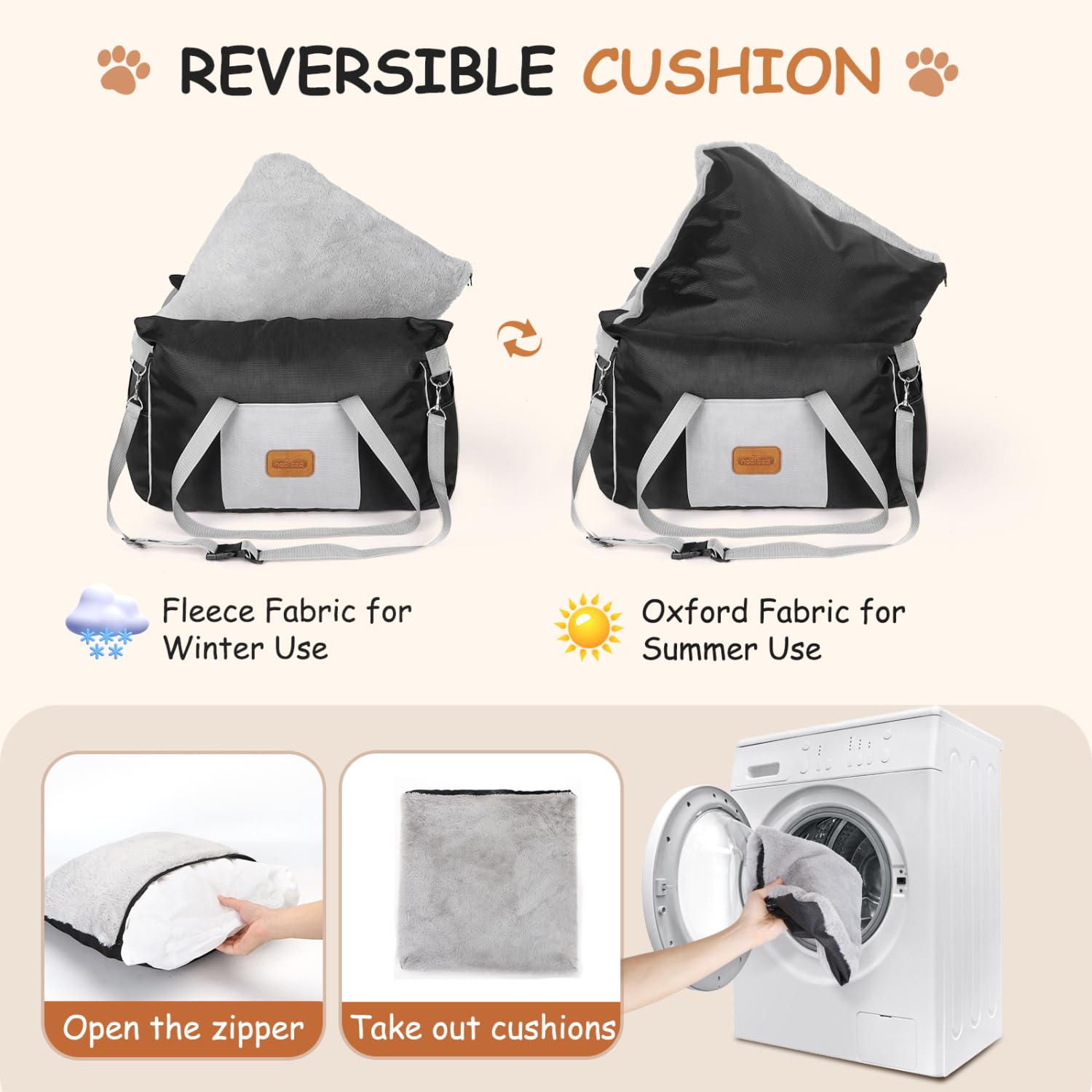 Nobleza Asiento de Coche para Perros Pequeños, Asiento Elevador para Perros con Bolsillos de Almacenamiento y Cojín Reversible, Cama de Viaje para Mascotas de hasta 11 kg, Negro, L58×W56×H33cm