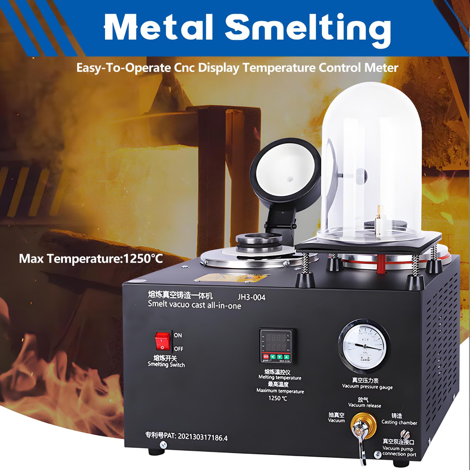 Máquina de fundición al vacío, pantalla digital, herramienta de fundición de metales preciosos a alta temperatura, 1/2 HP, con crisol de grafito, para la fabricación de joyas de oro y plata. 2KG