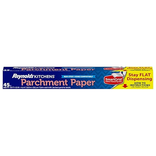 Reynolds Kitchens Stay Flat Dispensing Parchment Paper for Baking and Roasting, Parchment Paper Roll, Great for Baking and Rolling Dough, Non-stick, Reusable Up to 3x, 45 Sq. Ft. - Rolls