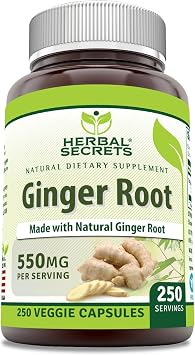 Herbal Secrets Ginger Root Supplement | 550 Mg Per Serving | Veggie Capsules | Non-GMO | Gluten Free | Made in USA 1 Pack, 250 Count