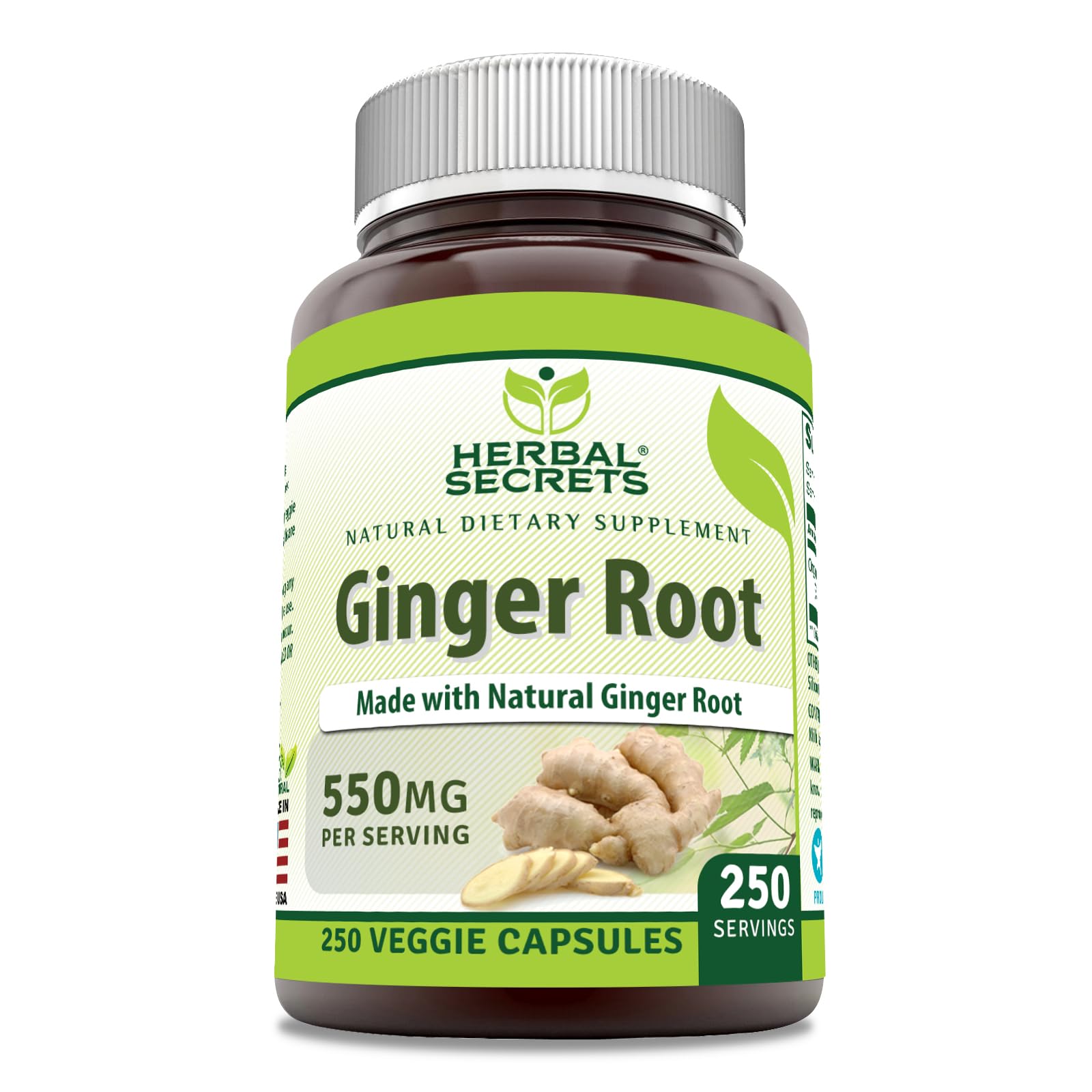 Herbal SecretsGinger Root 550 mg Per Serving, 250 Veggie Capsules Supplement | Non-GMO | Gluten Free | Made in USA