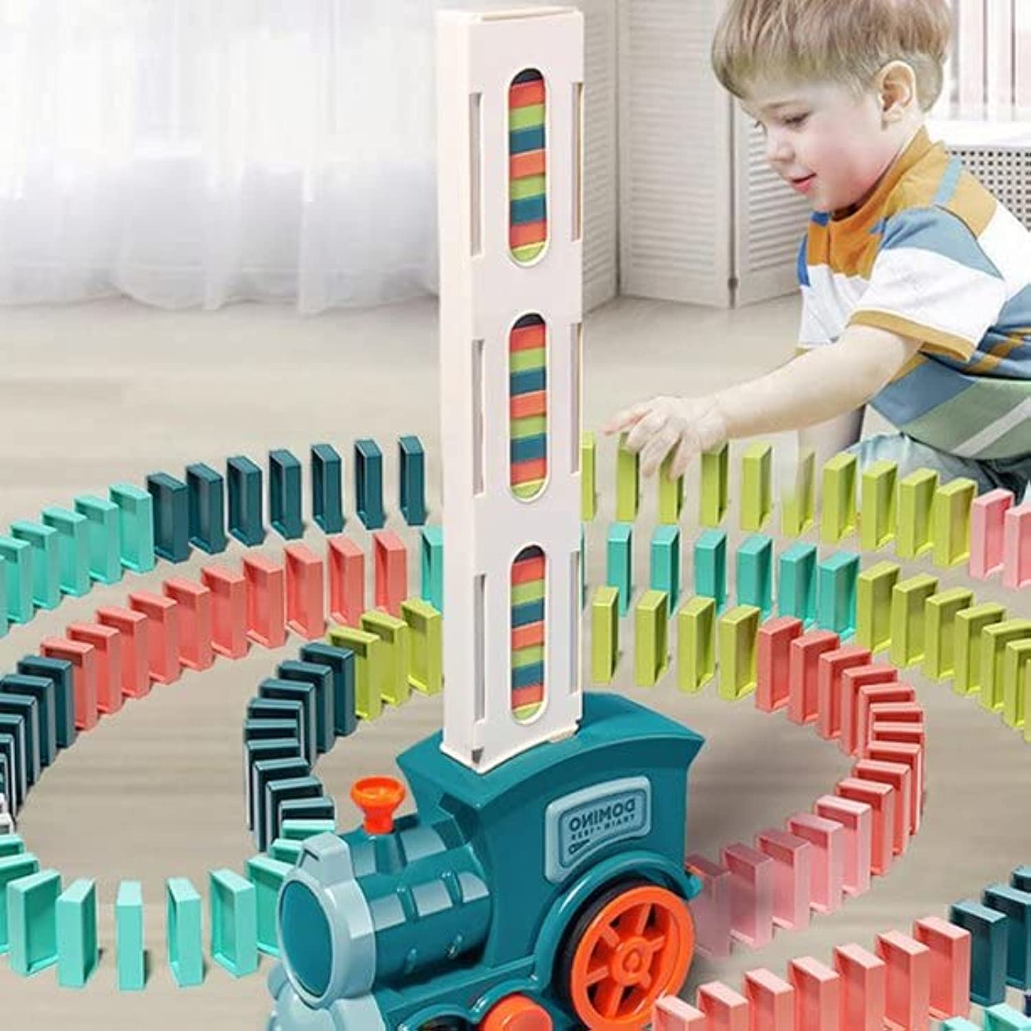 AUTOYSUR Electric Dominoes Train Toy Set, Automatic Stand Up Domino Rally Train Model with Light, Kids Domino Blocks Building Stacking Toy, Domino Set Stacker Game STEM Creative Gift for Boys Girls
