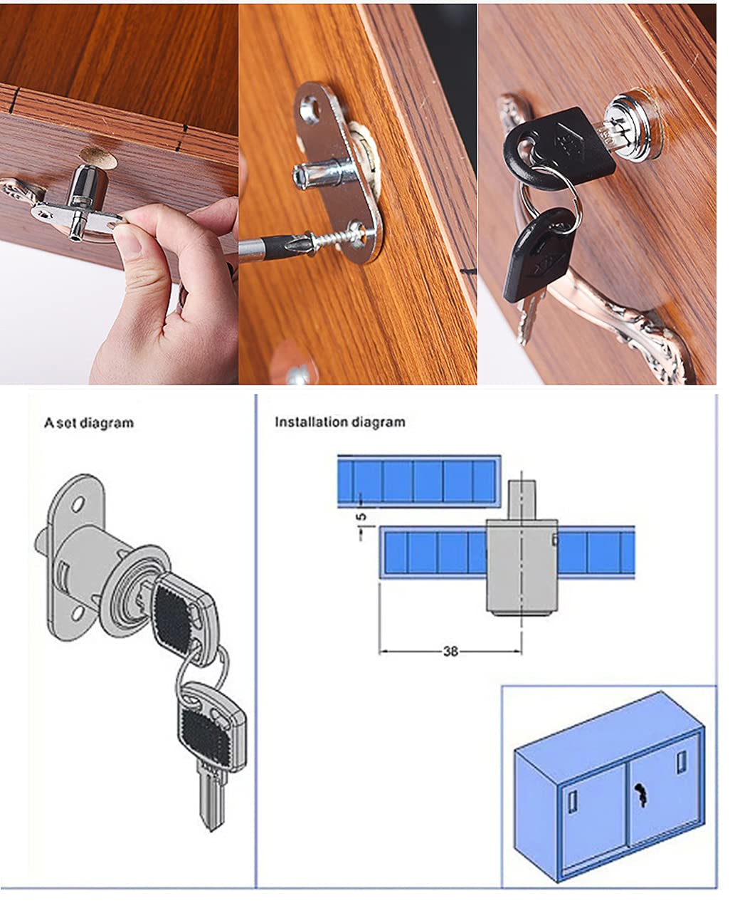 JUN-H 2 Piezas Cerradura De Cajón Con Llave Cerradura De Embolo Con Llave Para Archivadores
