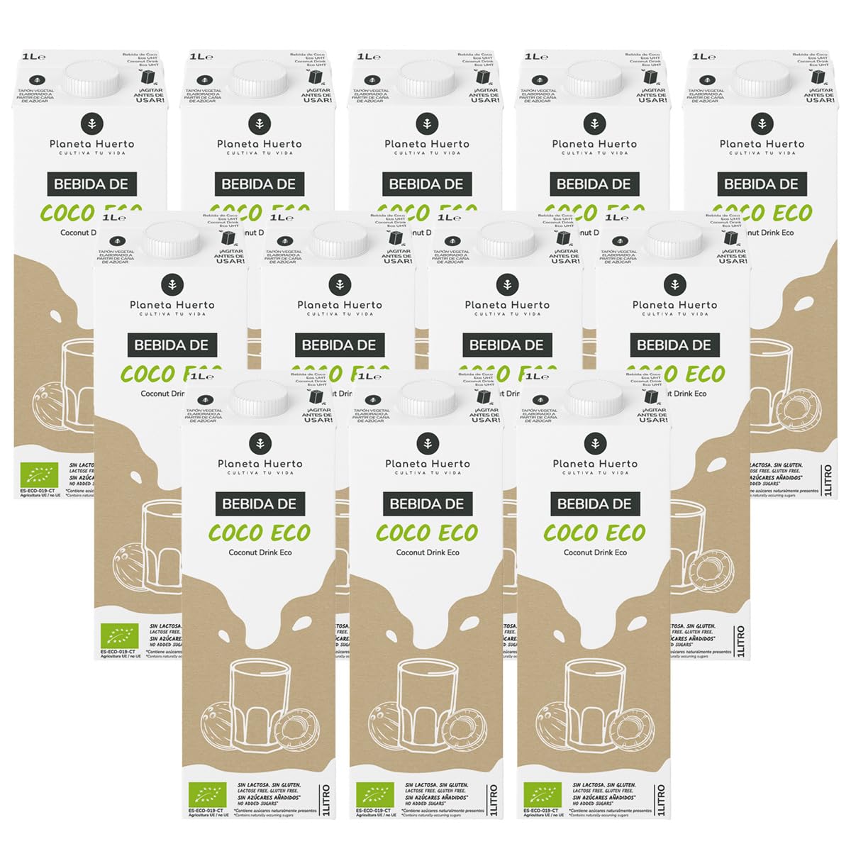 Pack 12× Bebida de Coco ECO 1 L – Bebida Vegetal sin Lactosa, sin Azúcares Añadidos, Ecológica