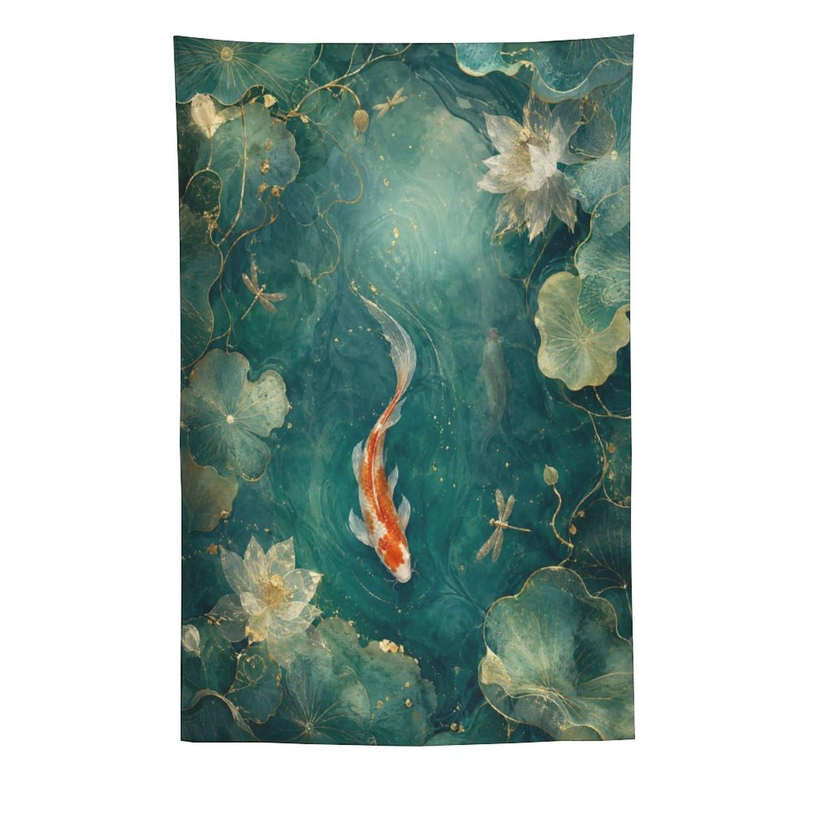 H3B8U2Y5 Koi Fish Pond Wall Tapestry, Watercolor Style, Bedroom