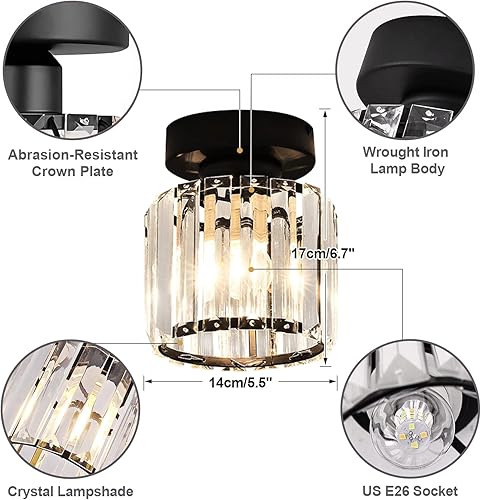 Miniatura 2 de Flyrose Moderna lámpara de techo de montaje semiempotrado, color negro, antiguo pequeño candelabros de cristal, accesorios de luz de pasillo de
