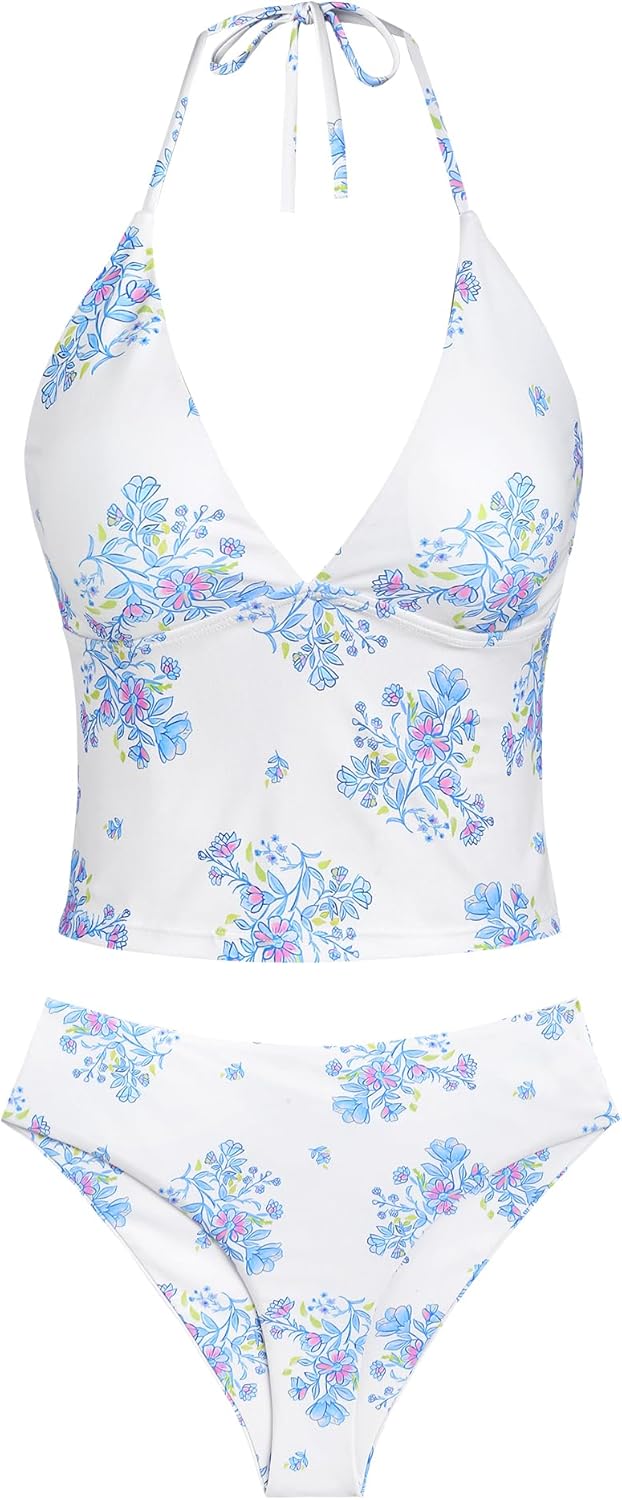 seamoly Tankini Set for Women Halter V Neck Bathing Suit High Waist Bikini Set Tummy Control Swimsuit