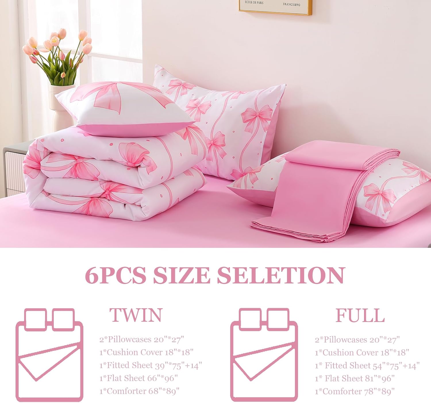 DORCAS Bow Full Size Comforter Set for Girls,6 Pieces Bed in A Bag Pink Bow Bedding Sets with Sheets for Kids - Image 2