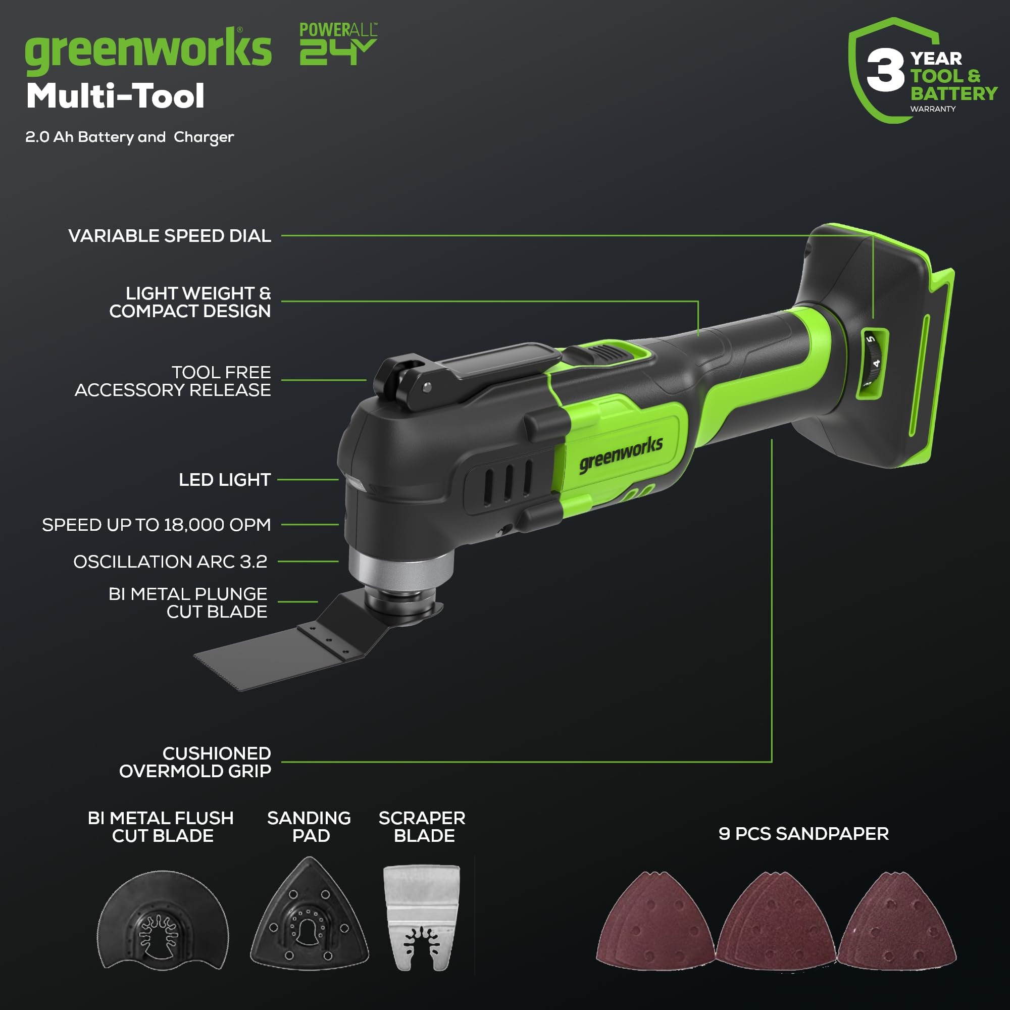 Greenworks Multiherramienta inalámbrica de 24 V, herramienta oscilante para cortar, clavar, raspar y lijar con 6 controles de velocidad variables, batería de 2.0 Ah y cargador de 2 A incluido