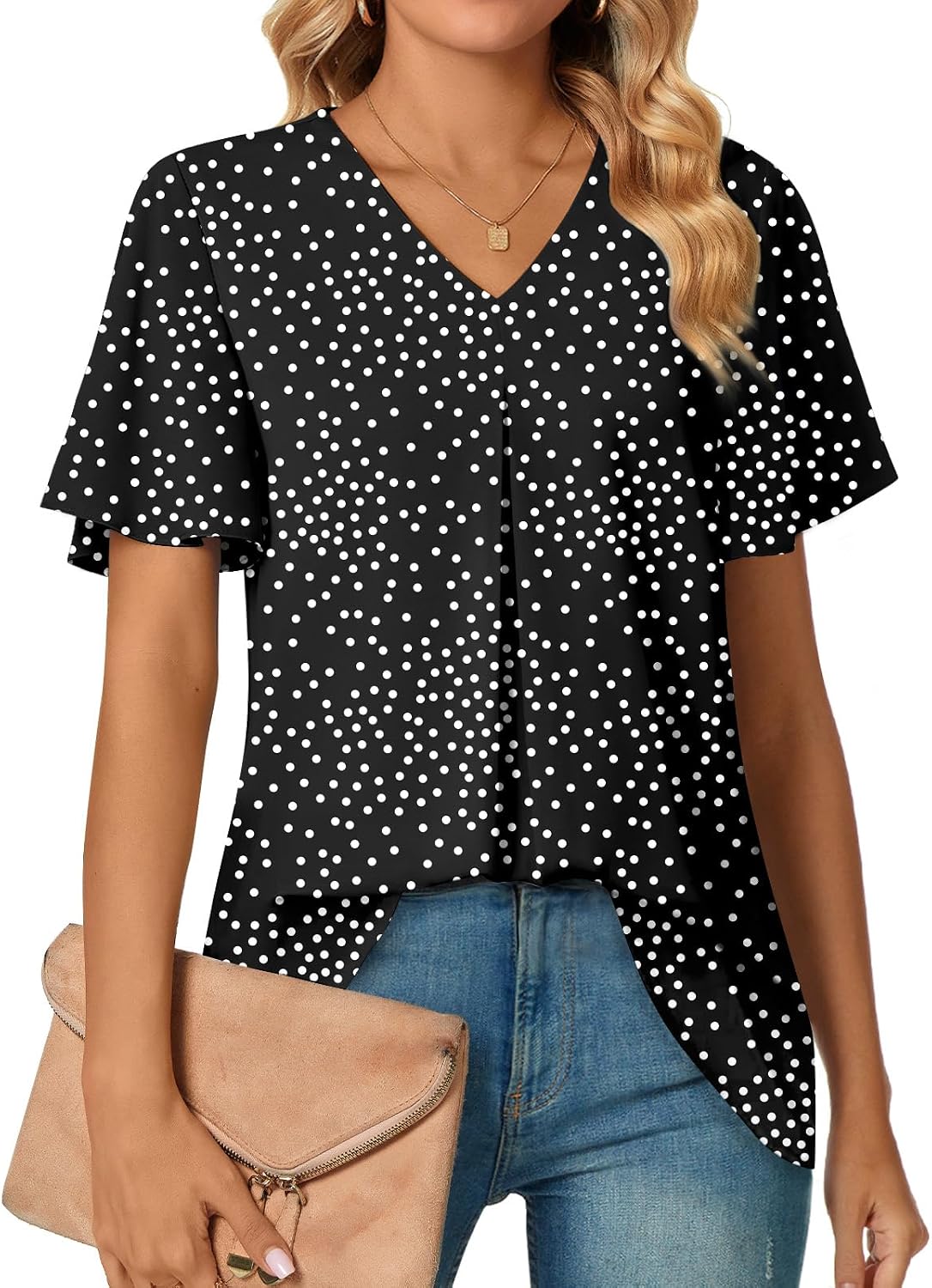 Anyally Women's Summer Dressy Chiffon Blouses V Neck Ruffle Short Sleeve Tunic Tops for Leggings Casual T-Shirts