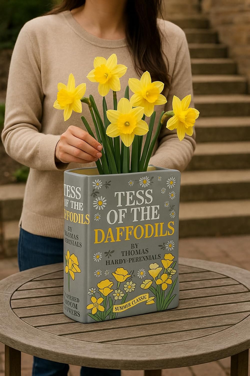 Heaven Sends Ceramic Book Vase – Tess of the Daffodils – Decorative Grey Book-Shaped Vase for Flowers & Home Décor – Unique Gift for Garden Lovers & Bookworms