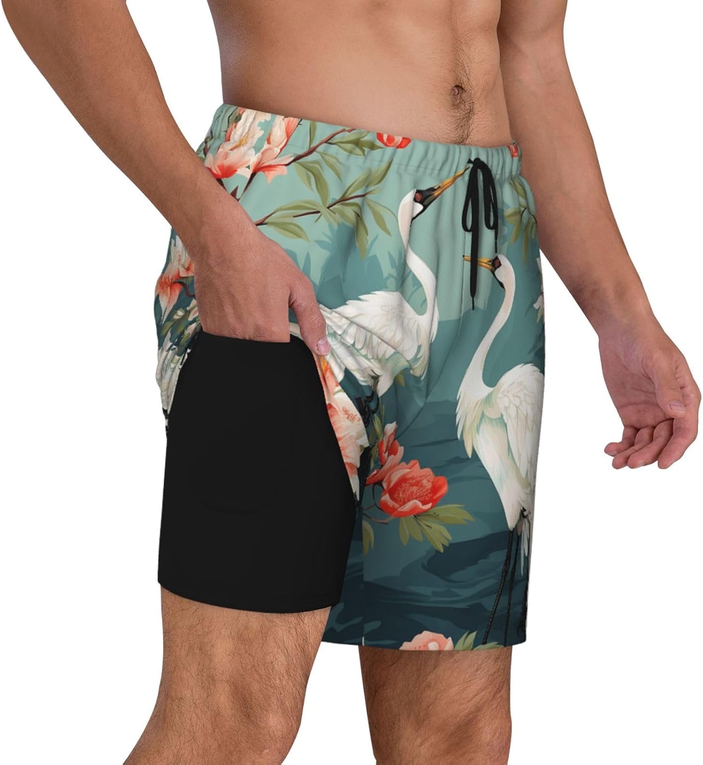 Men's Swim Trunks 2 in 1 Quick Dry Bathing Suits Red Heads Cranes Beach Board Shorts Swimwear