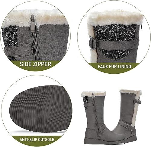 Miniatura 5 de CentroPoint Botas de nieve de media pantorrilla para mujer, tacón bajo, botines de invierno de piel sintética, puños cálidos para exteriores