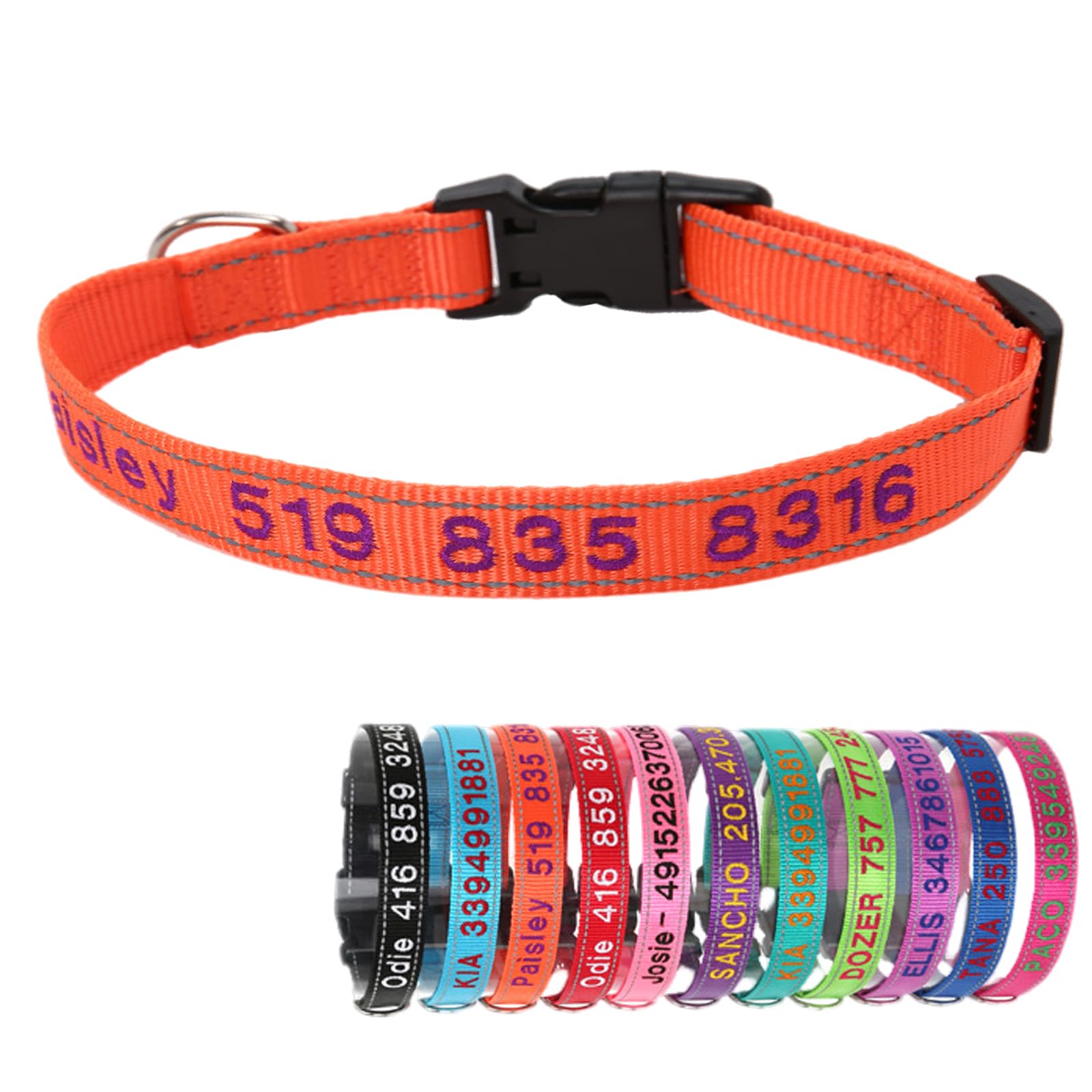 Yonsbox Orange Reflective Custom Personalised Dog Collar Embroidered with Name Phone Number Quick Release Buckle for Boy Girl Small Medium Large Dogs