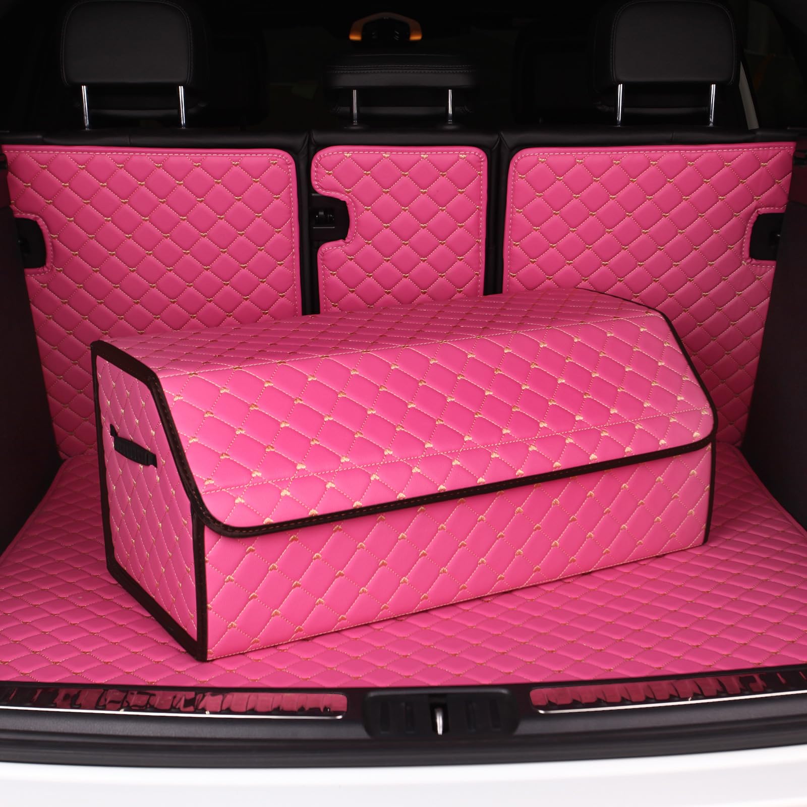 car organizers and storage for SUV,trunk organizer for sedan, leather foldable sleek box with lid,collapsible cargo bins, tool accessories containers,Pink women (21.65 inch)