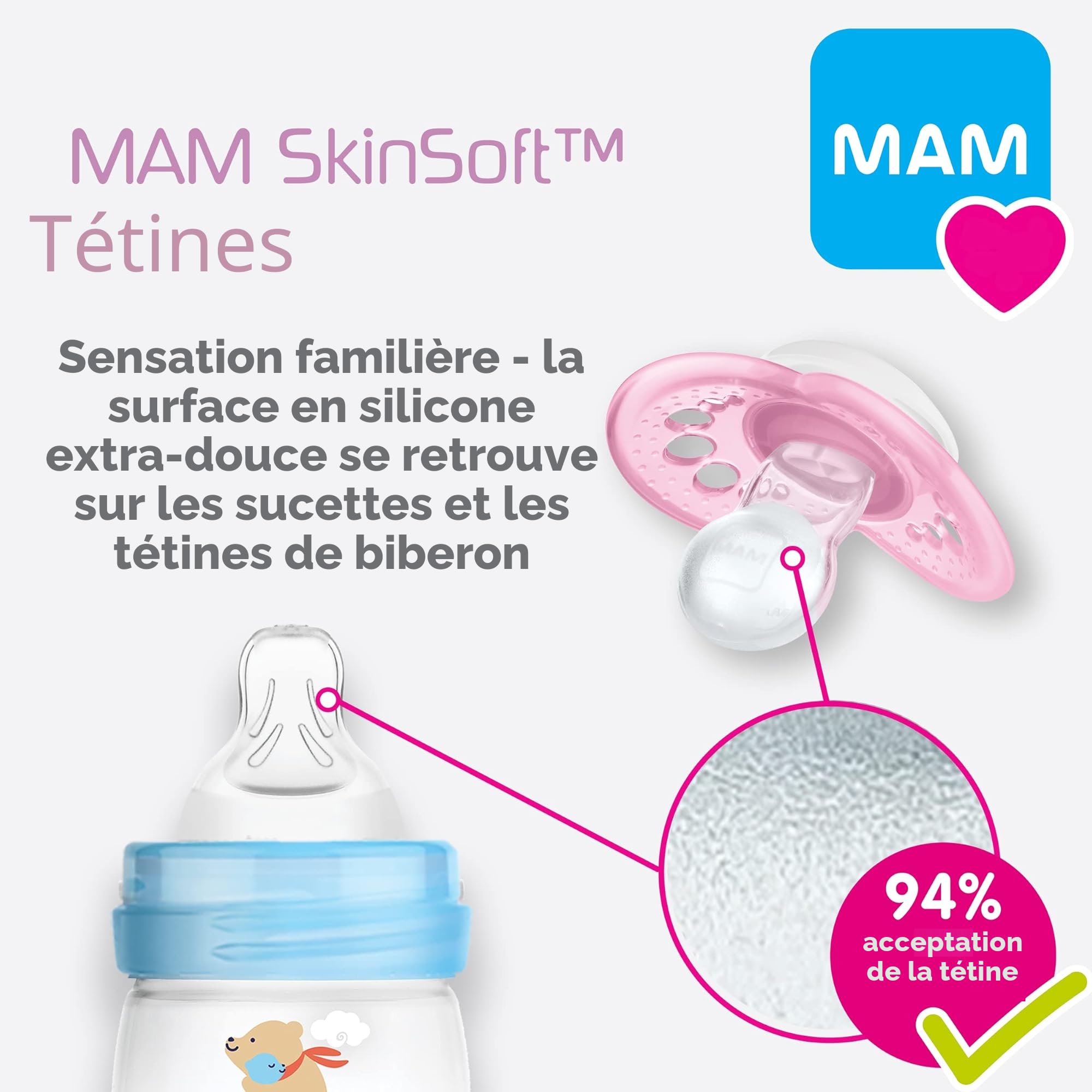 Bouteille en Verre MAM - Tétine Moyenne Taille 2, Essentiels pour Bébés, Blanc, 170 ml, 1 Unité