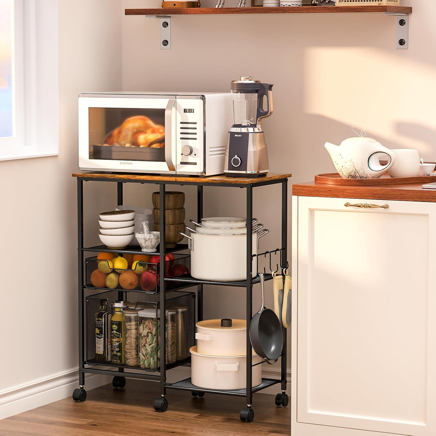 Rolling Microwave Cart with Storage, Microwave Stand with Drawers, Kitchen Storage Rack On Wheels, Kitchen Storage Cart Shelves Organizer Used As Bakers Rack Coffee Bar Station Kitchen Island Cart