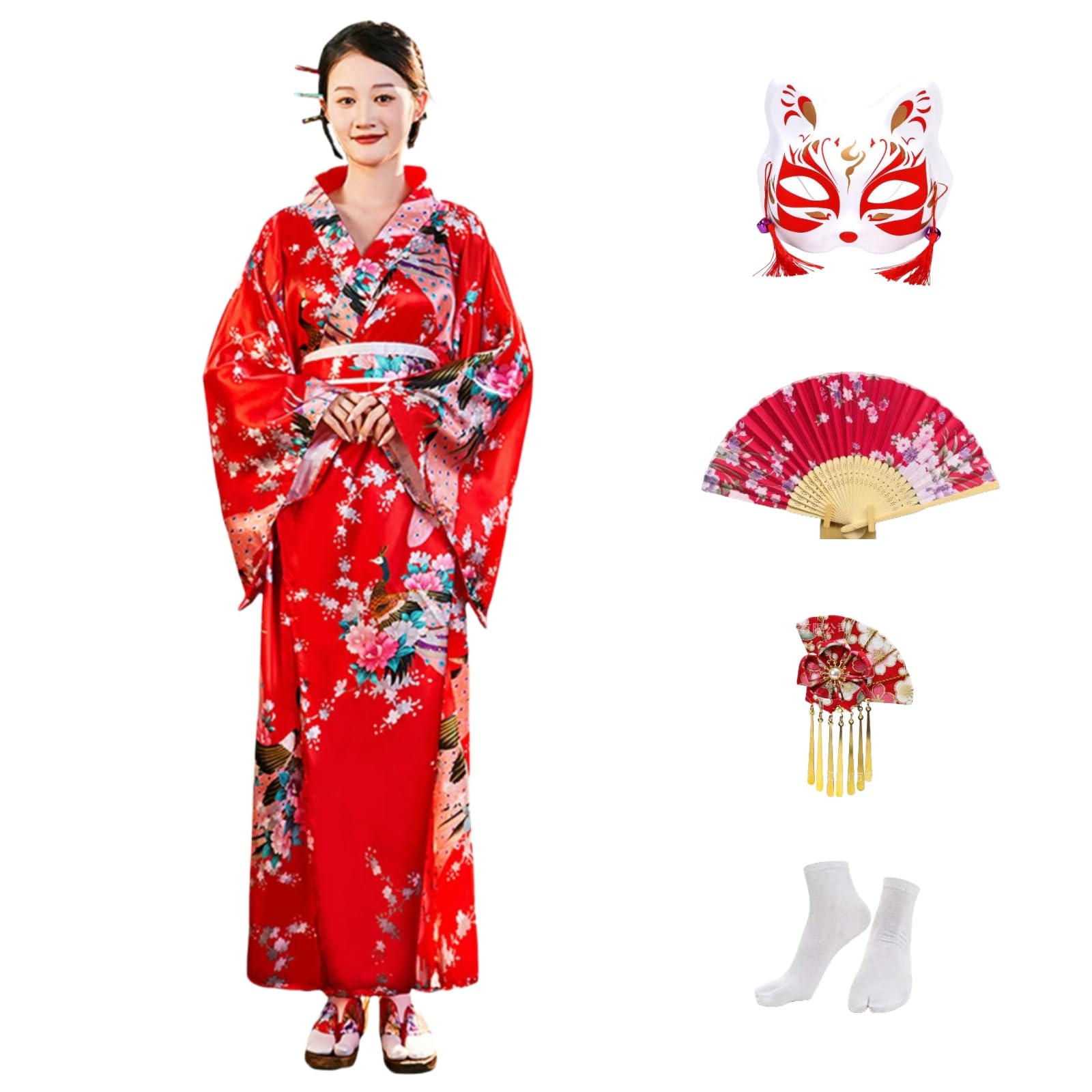 5 Piezas Kimono Set Tradicional Japonés para Mujer, Kimono Largo con Estampado de Pavo y Cinturón para Fotografía y Cosplay
