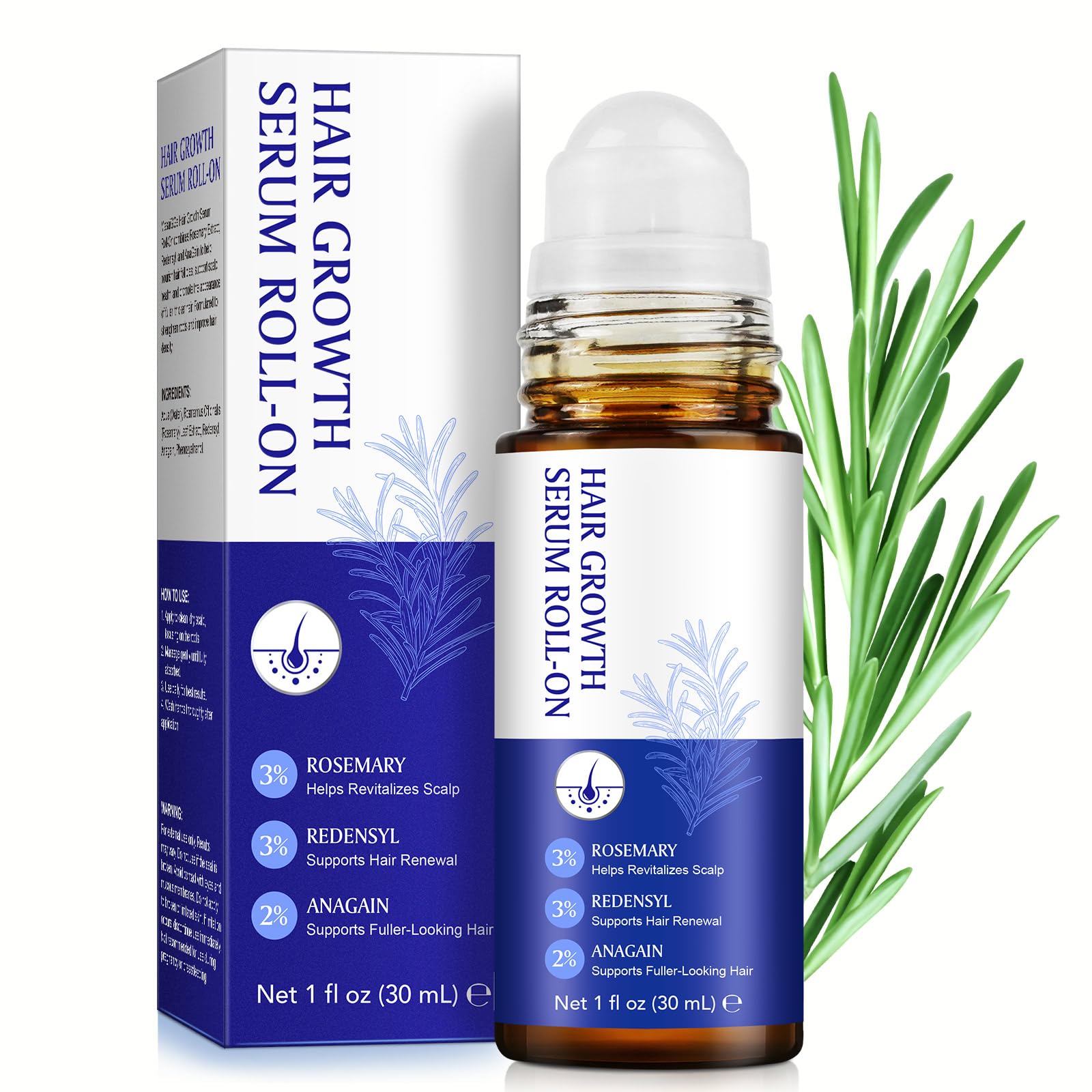 Hair Growth Serum Roll On, Hair Growth Serum Rosemary Oil for Hair Growth to Help Nourish Hair Follicles, Support Scalp Health, Fast-Absorbing & Non-Greasy - 1 Fl Oz
