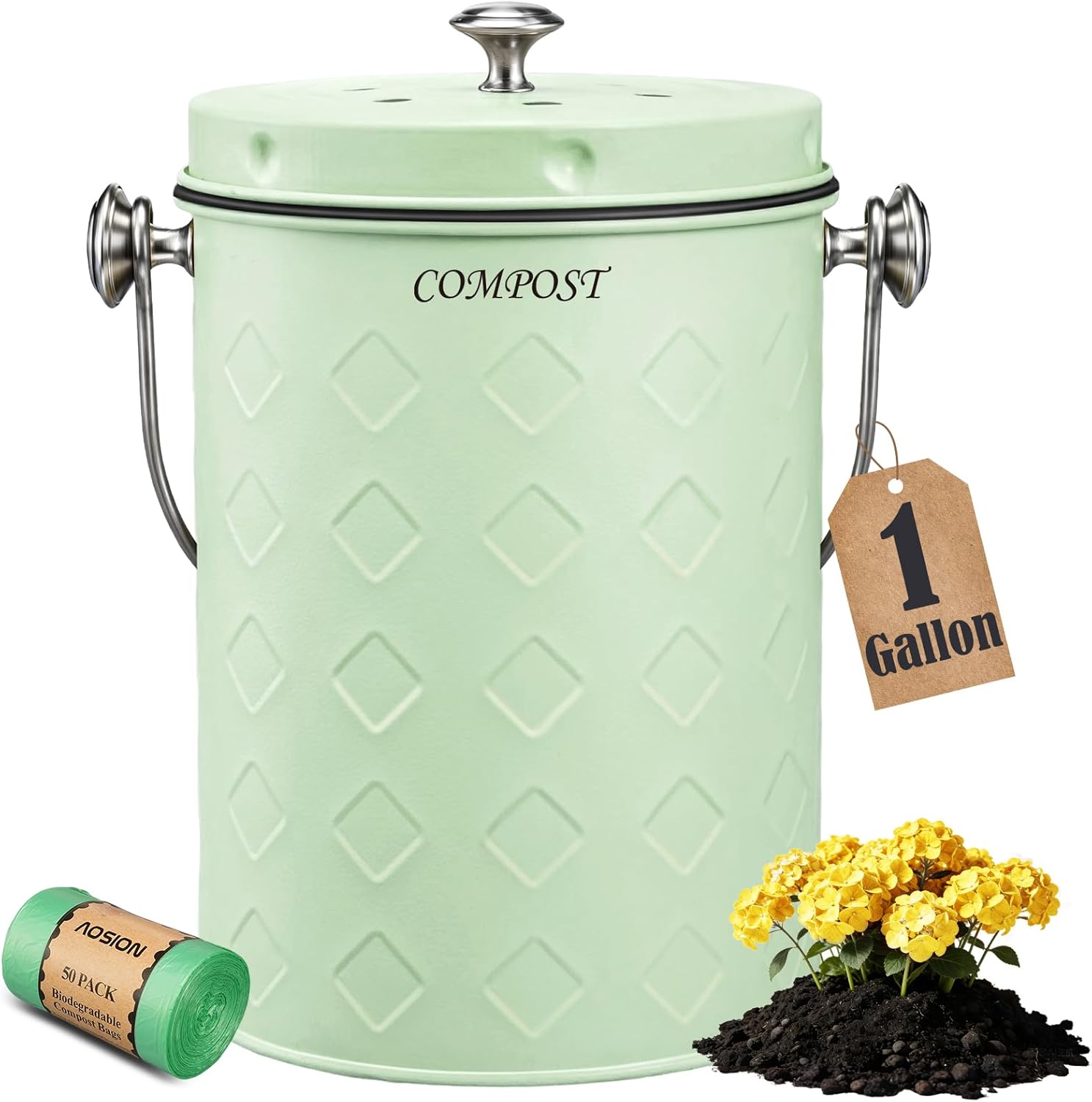 AOSION Countertop Compost Bin Kitchen,Odorless Indoor Compost Bin with Lid,Farmhouse Composter Container for Food Waste,Includes 2 Carbon Filters, Small Compost Bucket,Trash Bags (Modern, Yellow)