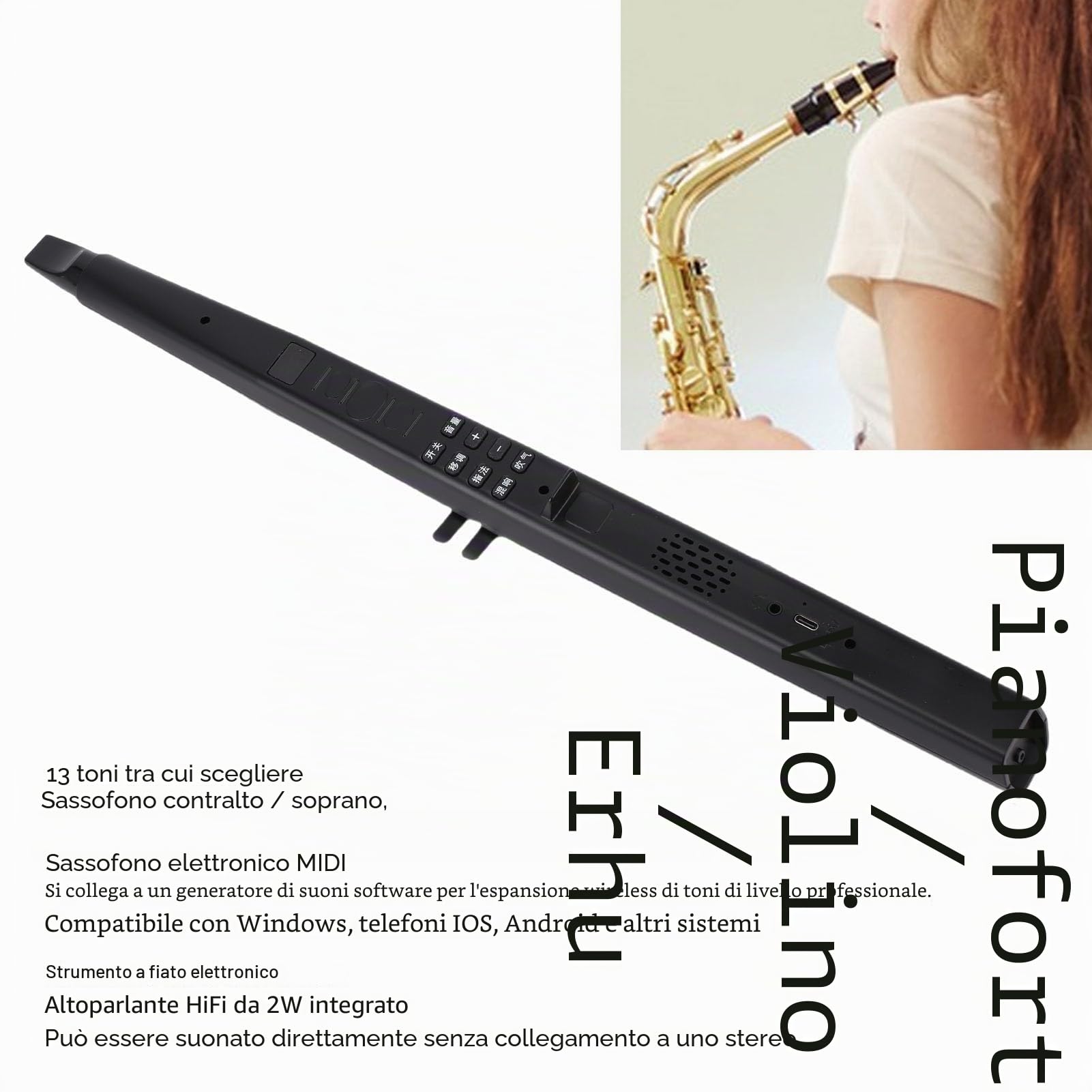 Sassofono Elettronico MIDI, Mini Strumento a Fiato Elettrico Ricaricabile con 13 Note e Batteria per Performance